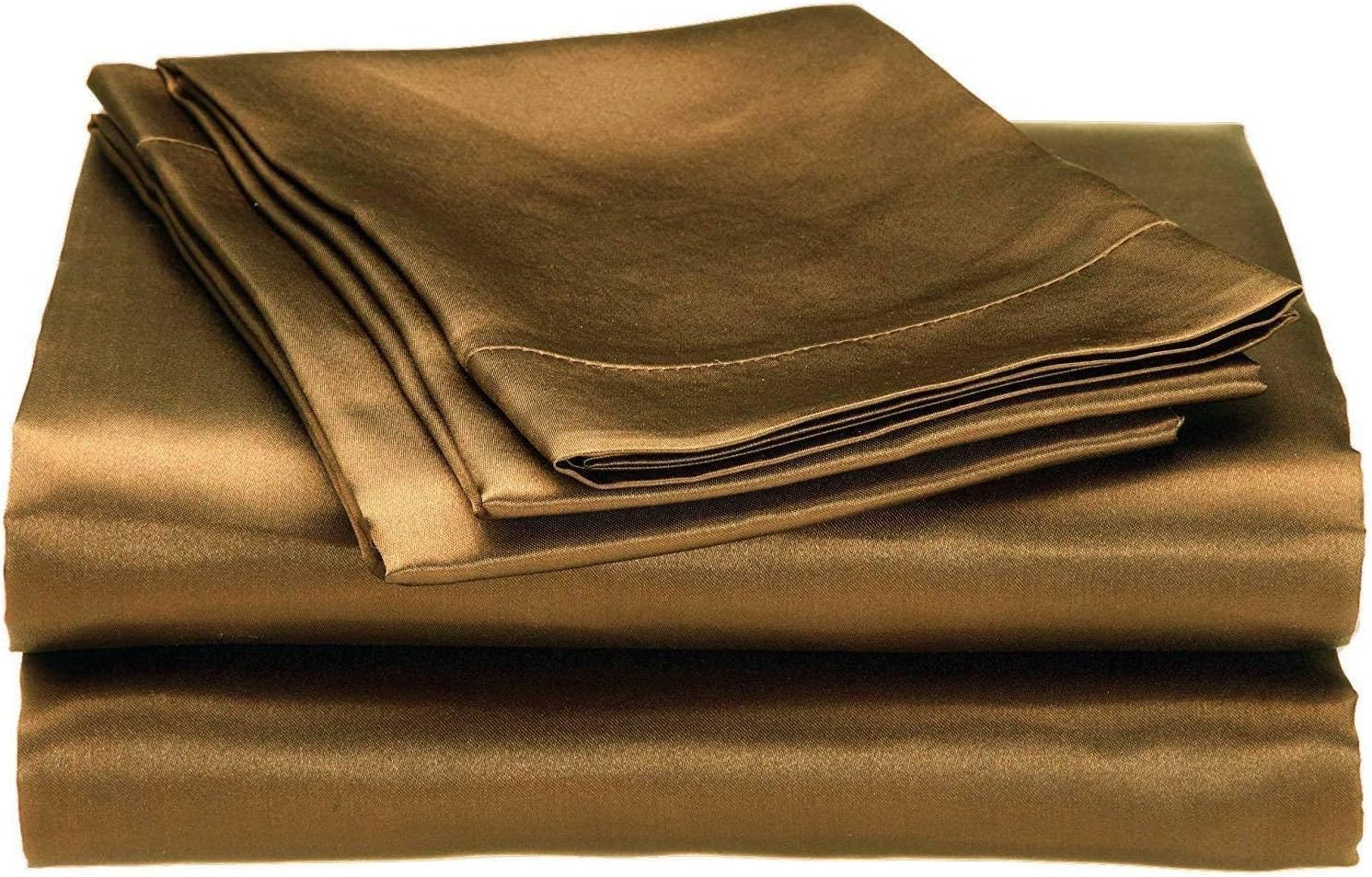 100% Pure Silk Satin Sheet Set, Deep Pocket Fitted Sheet & Flat Sheet, Pillowcases - Cool, Soft, Wrinkle Free, Fade Resistant Brown, King
