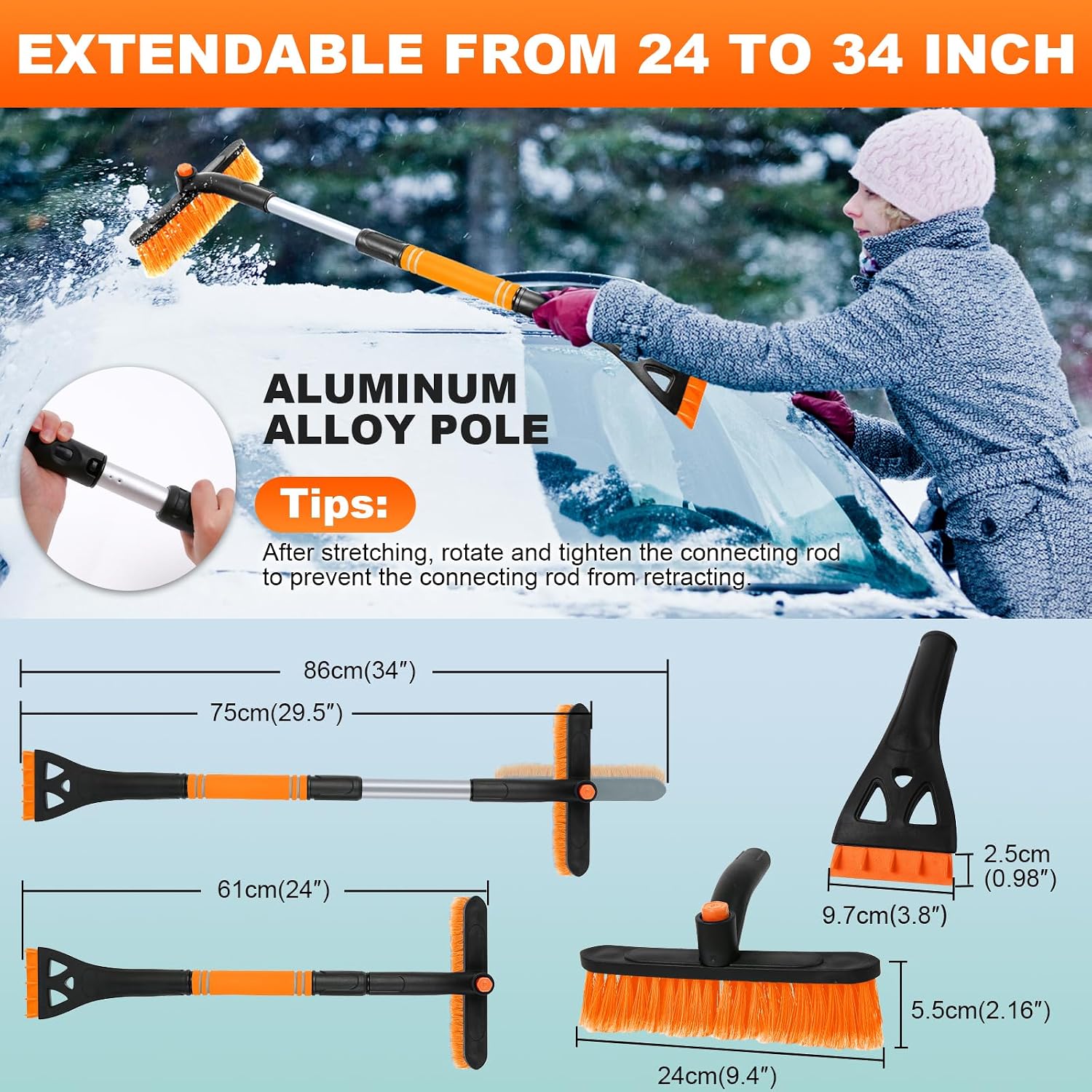 BFONS 2 Pcs Ice Scrapers for Car Windshield, 2-in-1 Snow Scraper and Snow Brush for Car SUV Truck, Car Ice Windshield Scraper for Ice and Snow with 360° Pivoting Brush and Ergonomic Foam Grip Orange