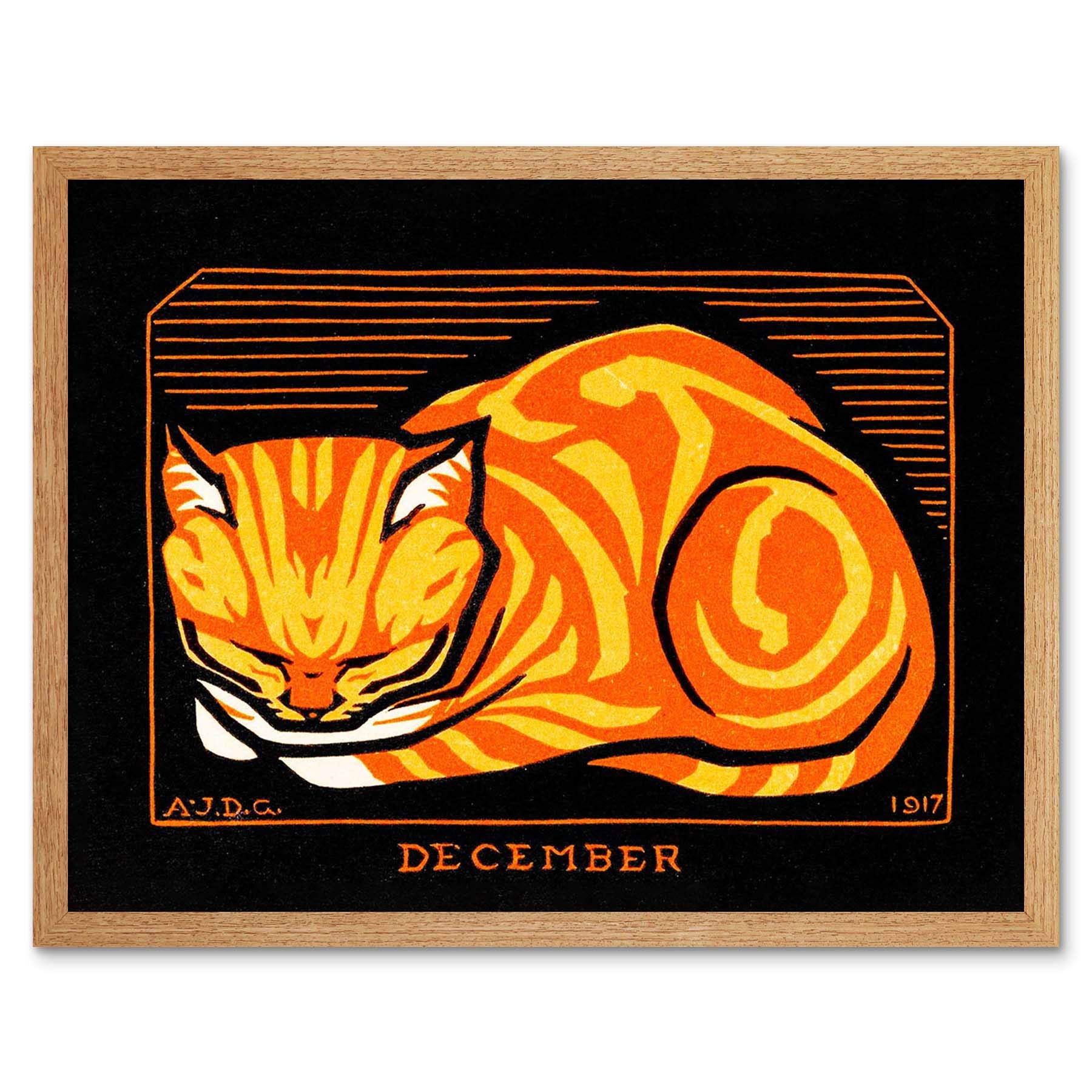 Wee Blue Coo December Cat Julie De Graag Art Print Framed Poster Wall Decor 12X16 Inch