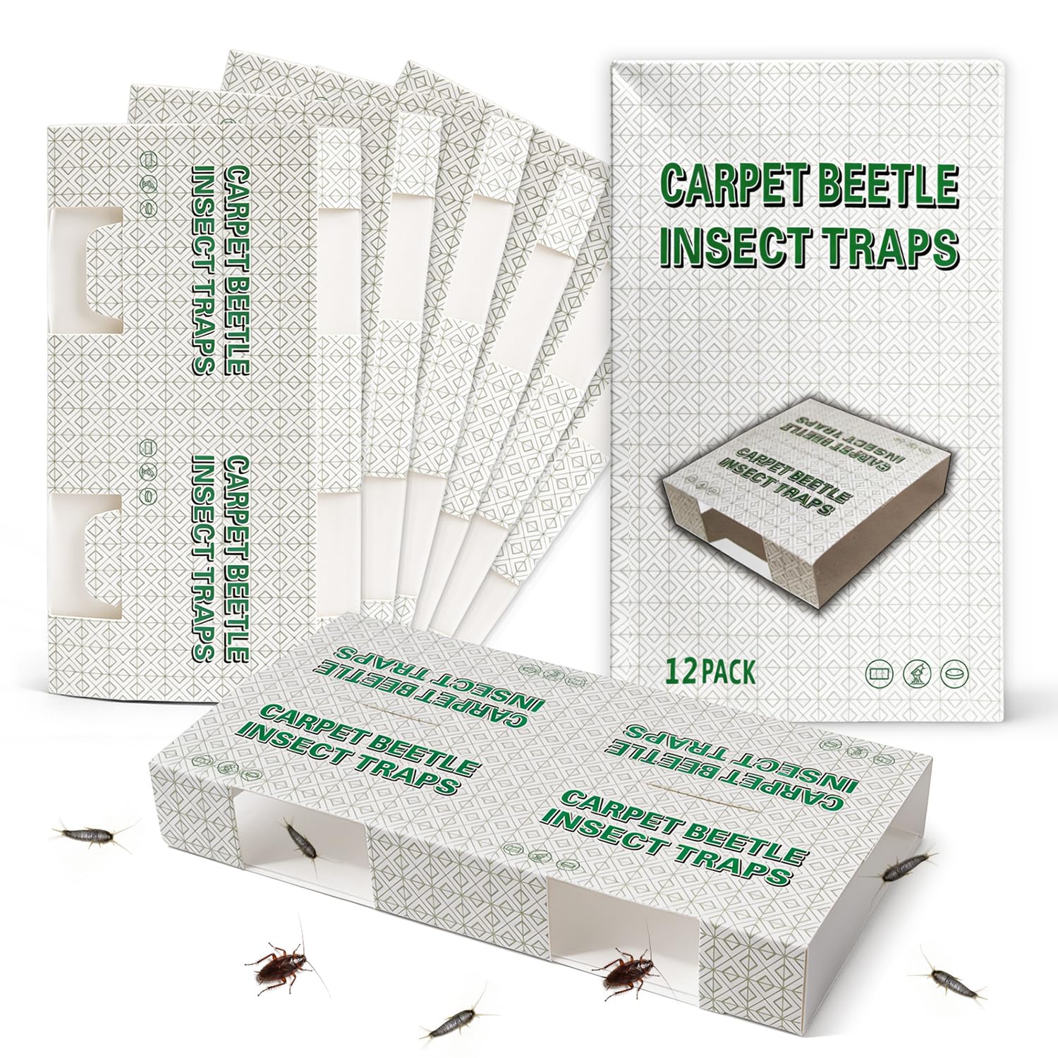 Carpet Beetle Traps 12 Packs, Sticky Insect Trap with Bait Attractant, Multi-Use Adhesive Pad for Indoor Home, Effective Monitor Detector for Larvae Silverfish & Crawling Pests