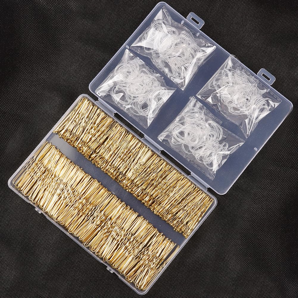 Haarnadeln, 600 Stück, 200 U-förmige Haarnadeln, blondes Haar, 200 Haarnadeln für Frauen, 200 transparente Haarbänder-Set mit Aufbewahrungsbox für Dutts (blond, 5,1 cm und 6,9 cm)