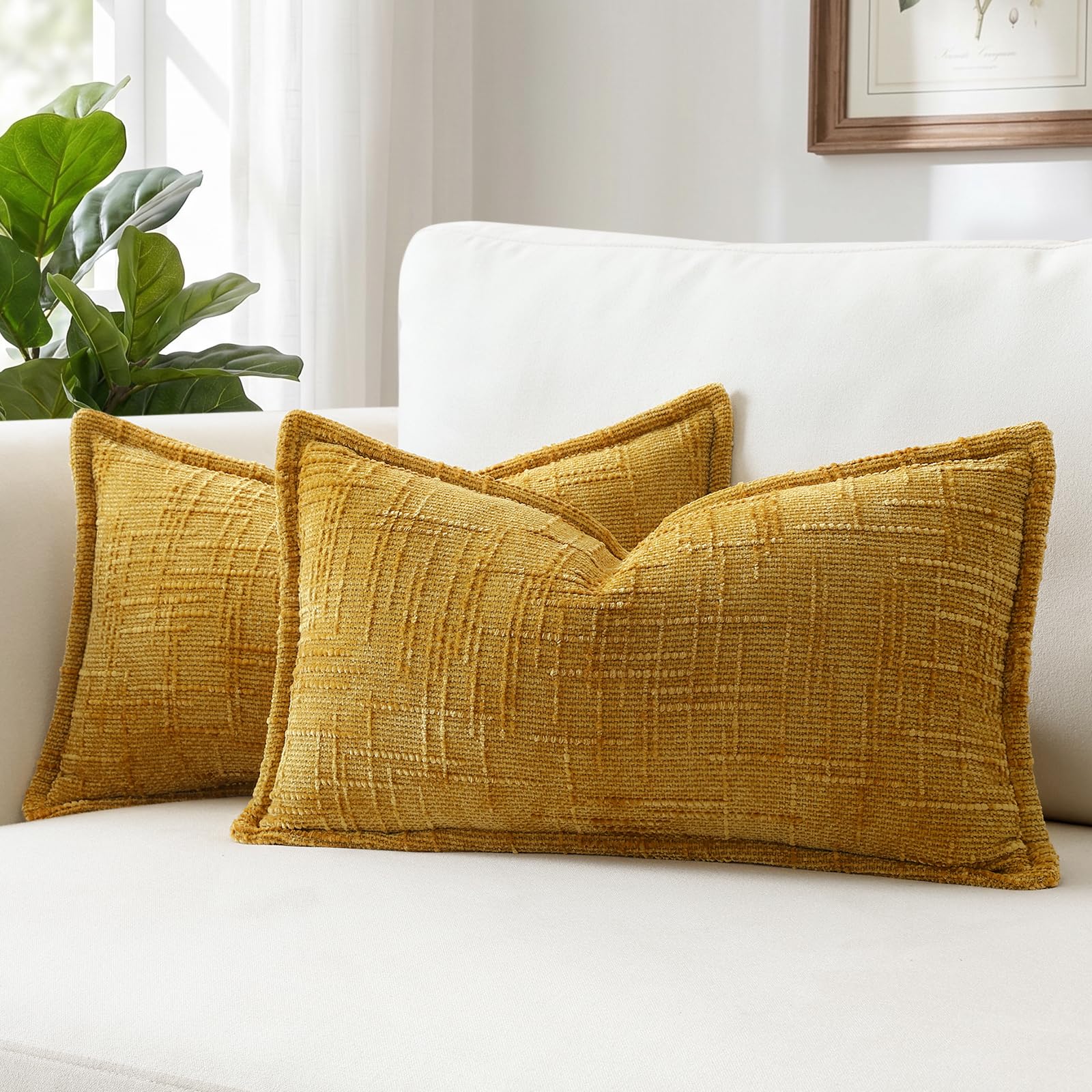 Sungeek Pack of 2 Mustard Yellow Chenille Textured Decorative Throw Pillow Covers, Soft Cozy Bound Edge Design Cushion Case, Solid Farmhouse Lumbar Pillow Case for Couch Sofa Bed Living Room, 40x60cm