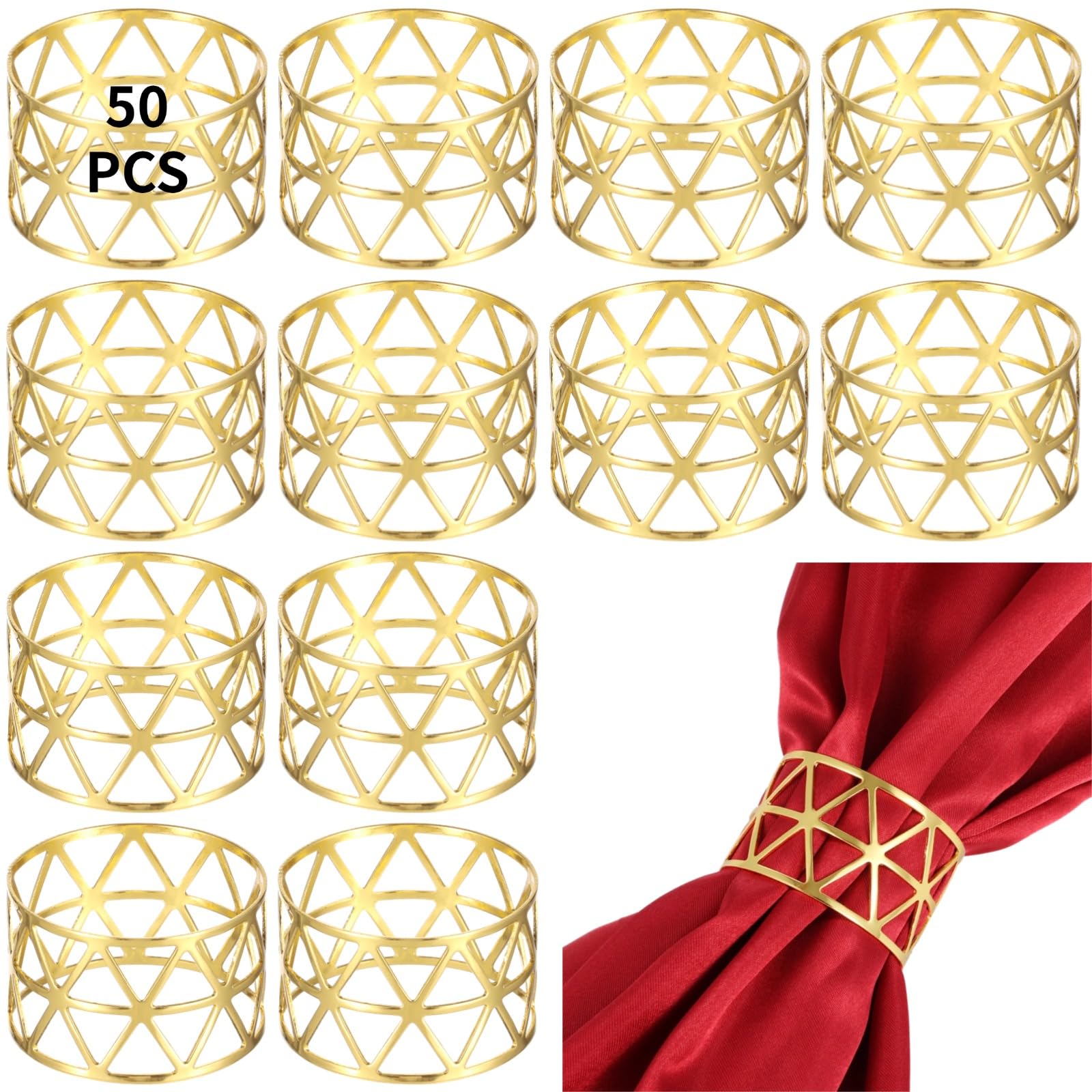 Lot de 50 ronds de serviette dorés en métal creux pour mariage, anniversaire, banquet