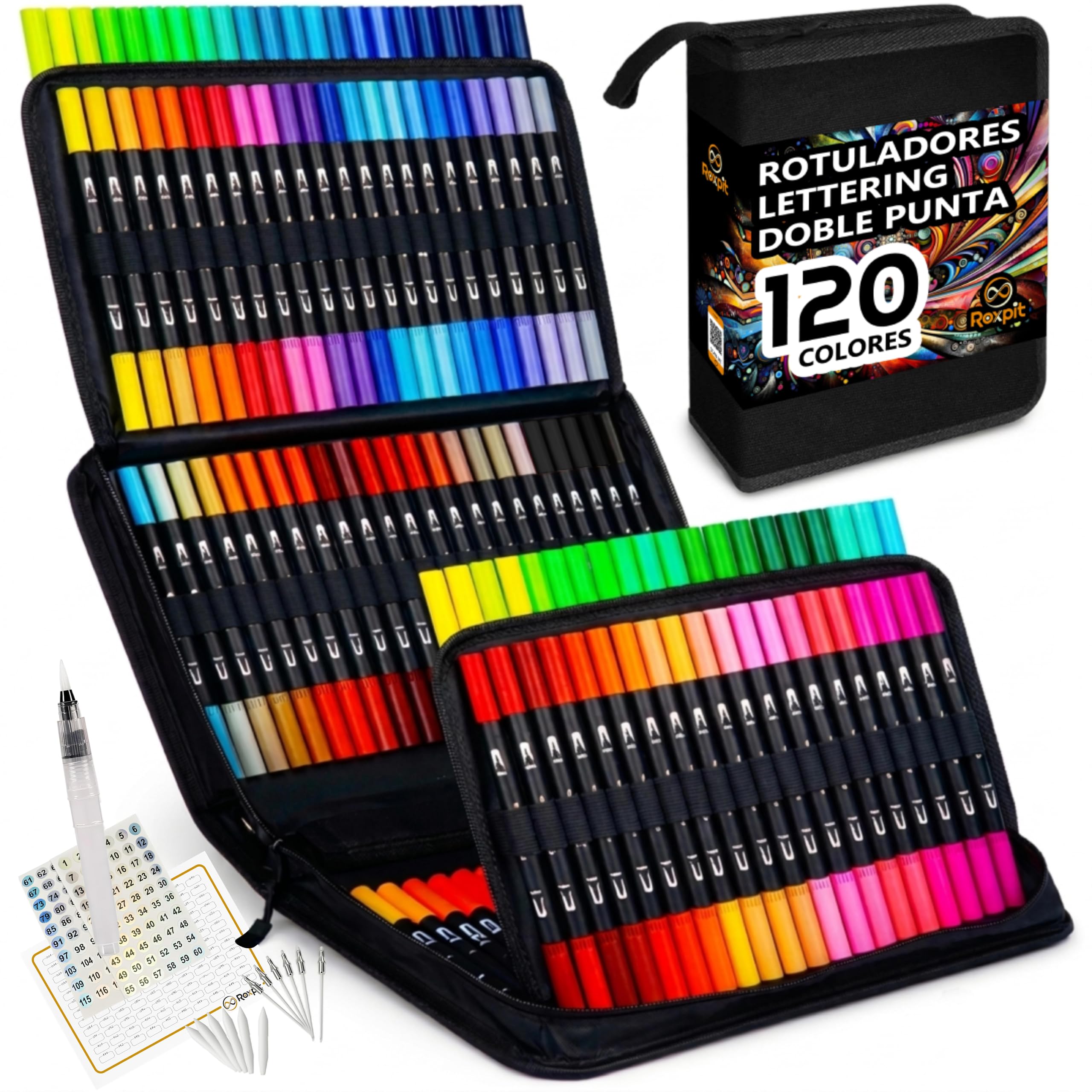 Rotuladores Lettering Doble Punta – 120 Colores Acuarelables con Punta Pincel y Fina, Incluye Blender, Recambios y Estuche | Guías y Mandalas Descargables | Para Dibujar, Colorear y Lettering