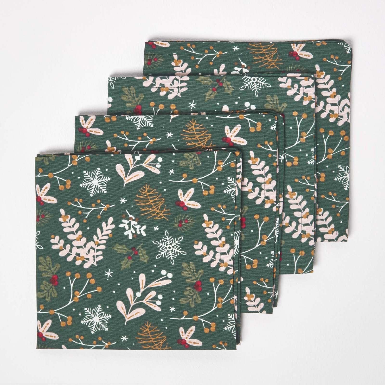 Homescapes Grün Set Of 4 Green Napkins 100% Cotton Christmas Holly Design