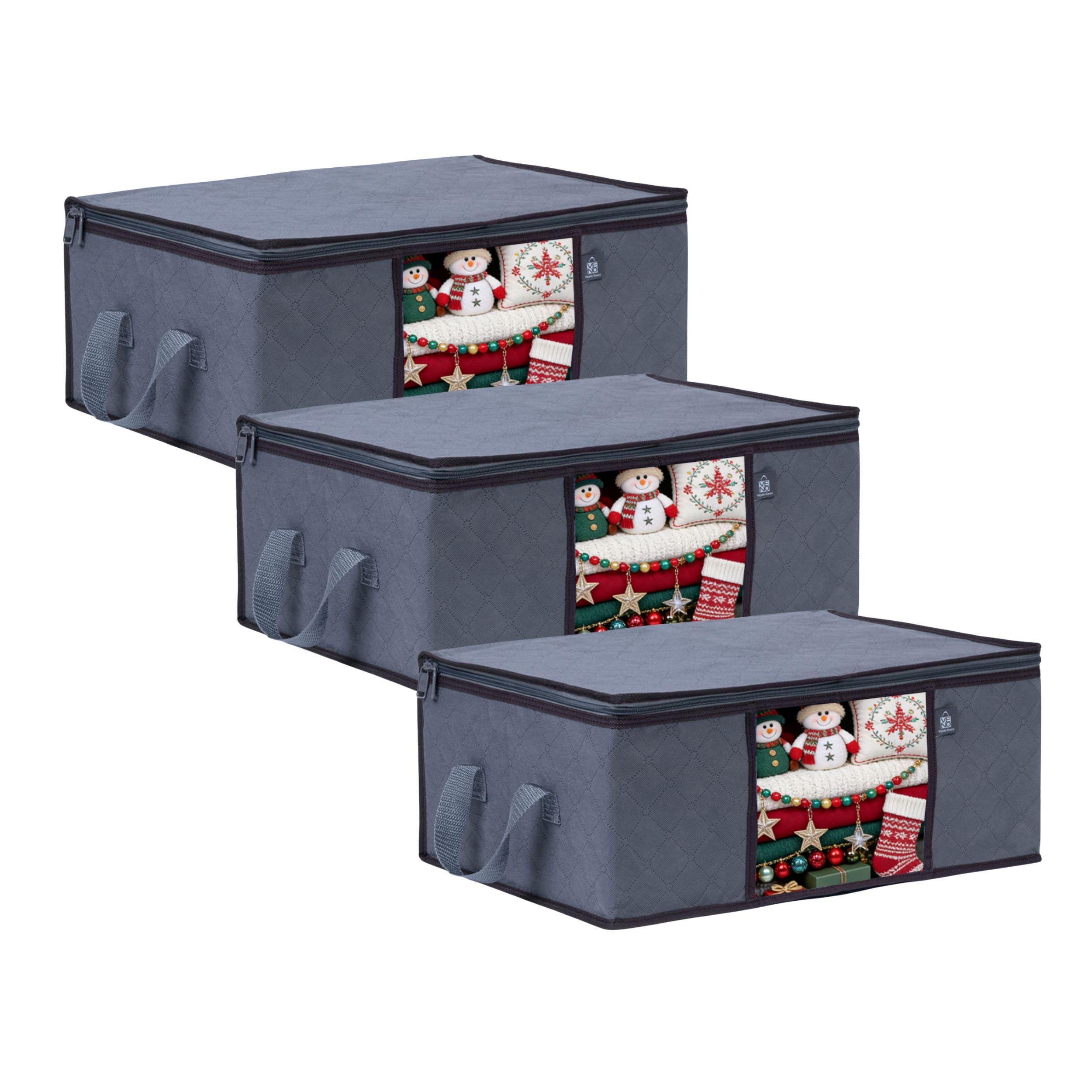 VENO 3 Pack Medium Clothes Blanket Storage Bag, Christmas Ornament Storage Container Bins for Holiday Decor for Comforters Bedding, Foldable with Sturdy Zipper, Handle, Clear Window (9.5 Gallon)