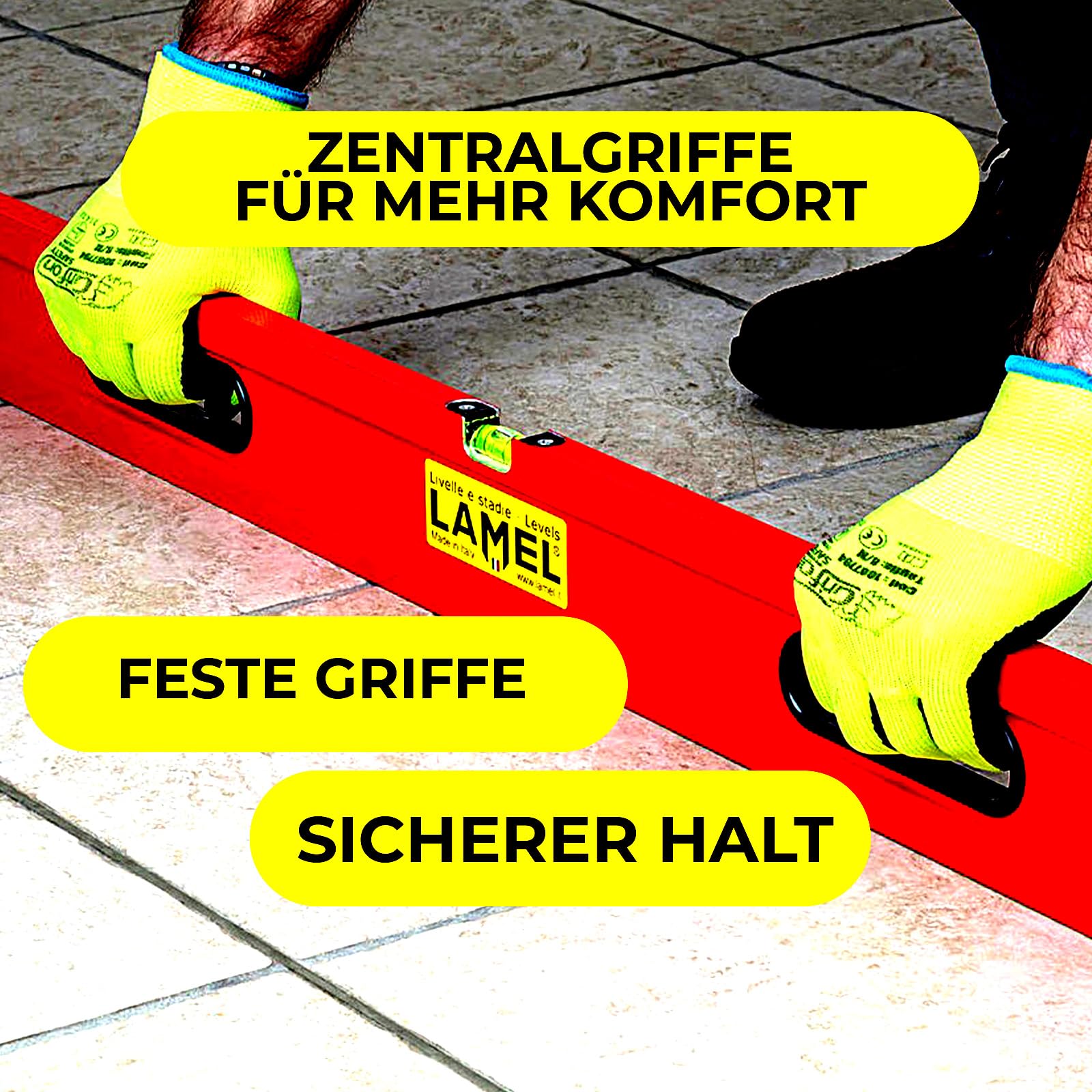 LAMEL Richtlatte 300 cm, mit Libellen und Griffen, lackiertem Rot Aluminium, verstärktes Profil, zum Verlegen von Böden