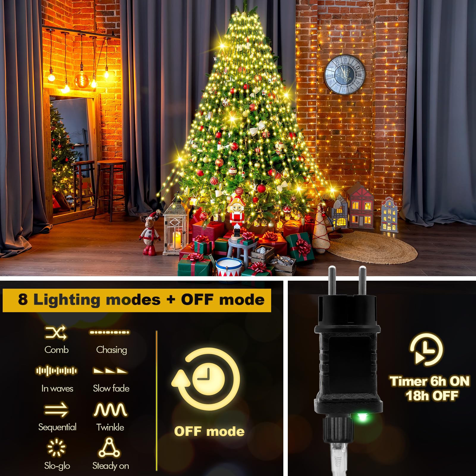 Uping Luci Albero di Natale Luci Natale Esterno a Cascata 400 LED 2m x 20 Fili Luci di Natale da Esterno Interno Luci Led per Albero di Natale Bianco Caldo con 8 Modalità Funzione Timer
