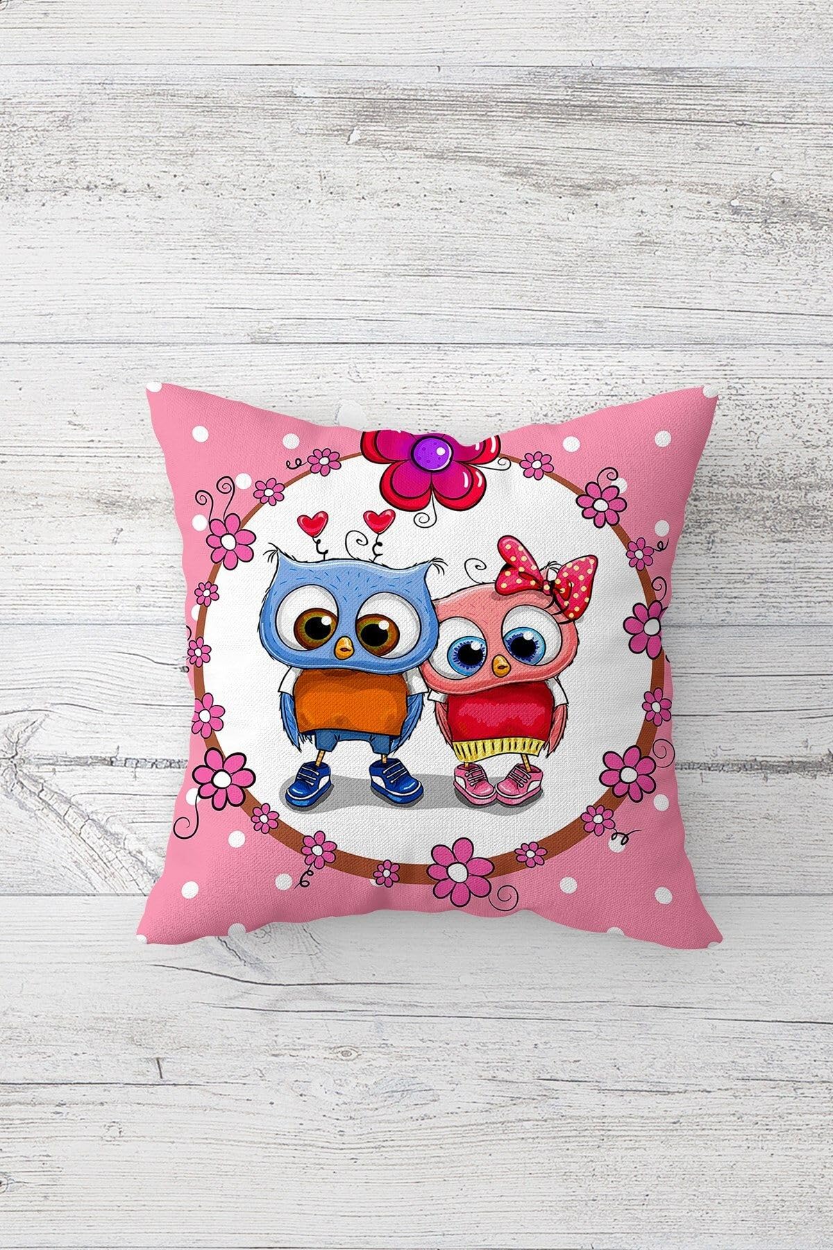 Pelangi Sevimli Kedi ve Baykuşlar Desenli Gizli Fermuarlı Kırlent Kılıfı Koltuk Yastık Kılıfı Takım(4ADET), Mavi-Pembe 45 x 45