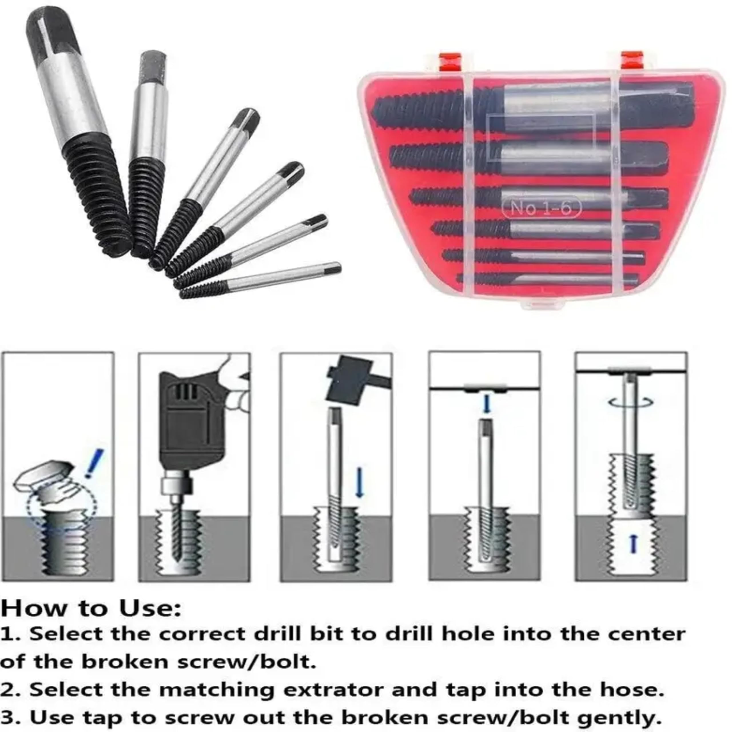 Wagela 6Pcs Screw Extractor Set for Broken Studs, Bolts, Screws & Pipes (3-22mm) | Reverse Drill Bit Remover Kit for Thread Repair β Chrome Vanadium Steel 1