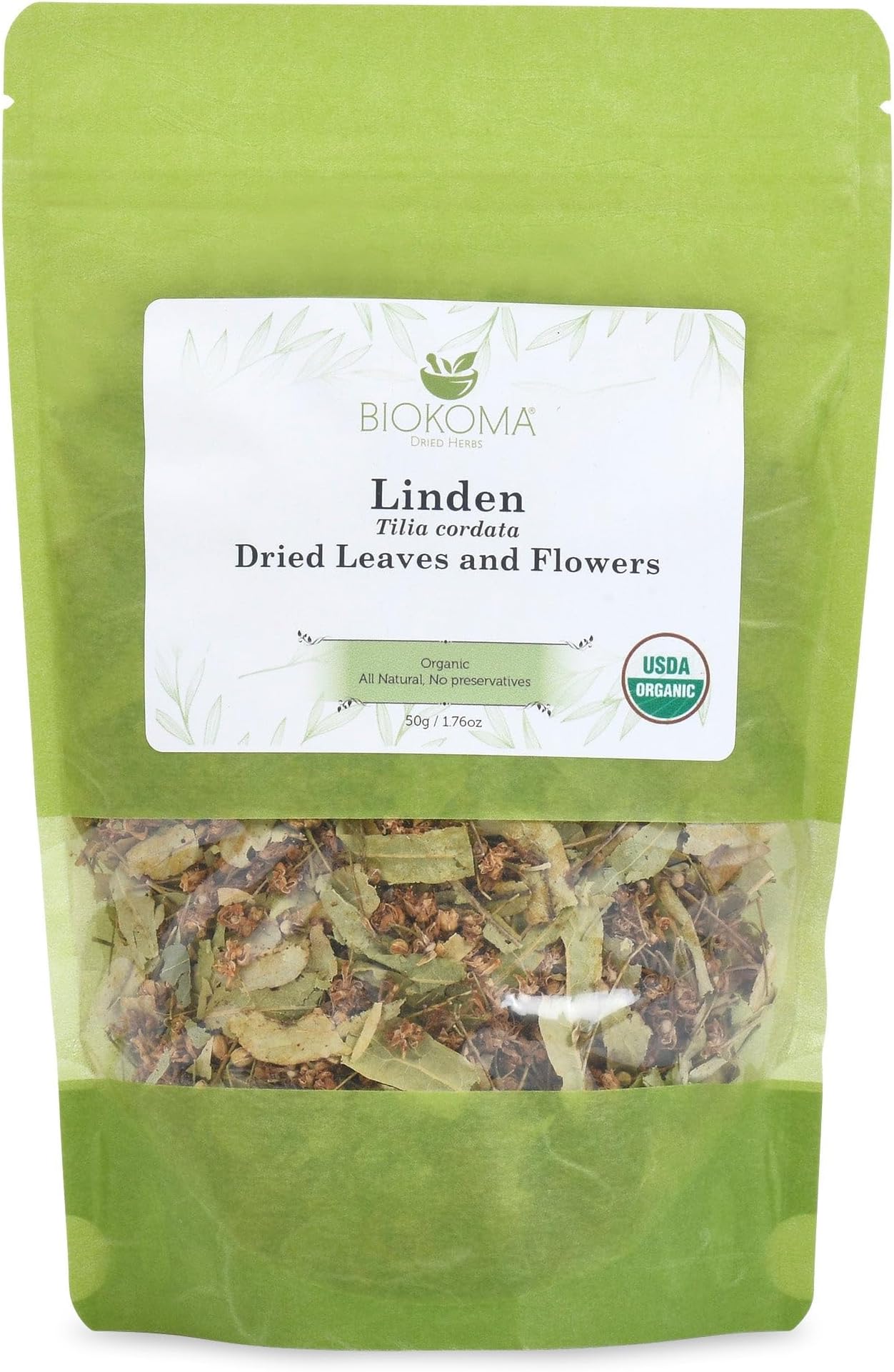 Biokoma Pure and Organic Linden Dried Leaves and Flowers 50g (1.76oz) in Resealable Pack Moisture Proof Pouch, USDA Certified Organic - Herbal Tea, No Additives, No Preservatives, No GMO, Kosher