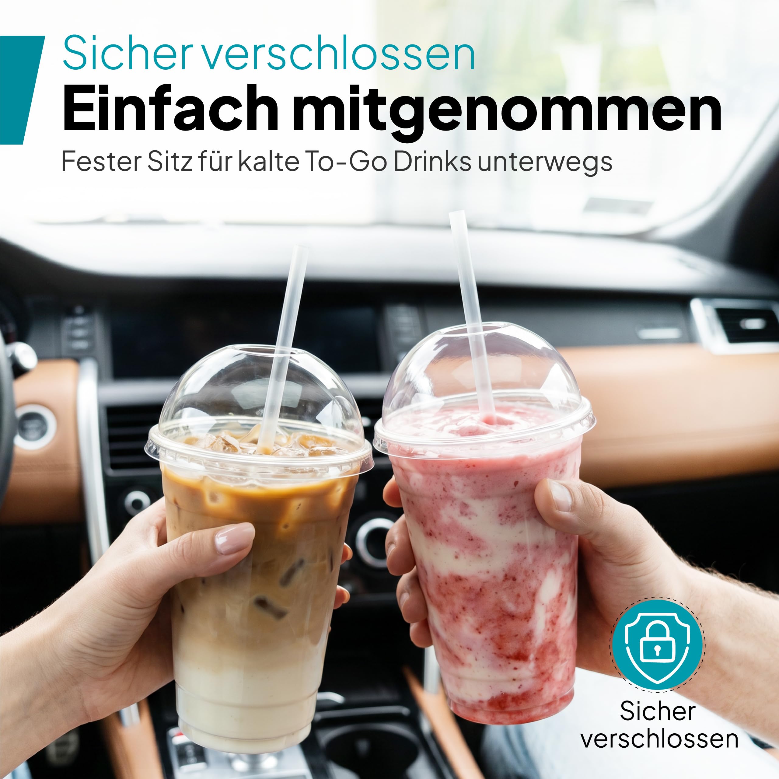 Commerline 100 sztuk kubków do smoothie 500 ml z pokrywką z otworem do smoothie, plastikowe kubki na wynos, kubki do picia + pokrywka z otworem, kubki deserowe, kubki do herbaty bąbelkowej, kubki z