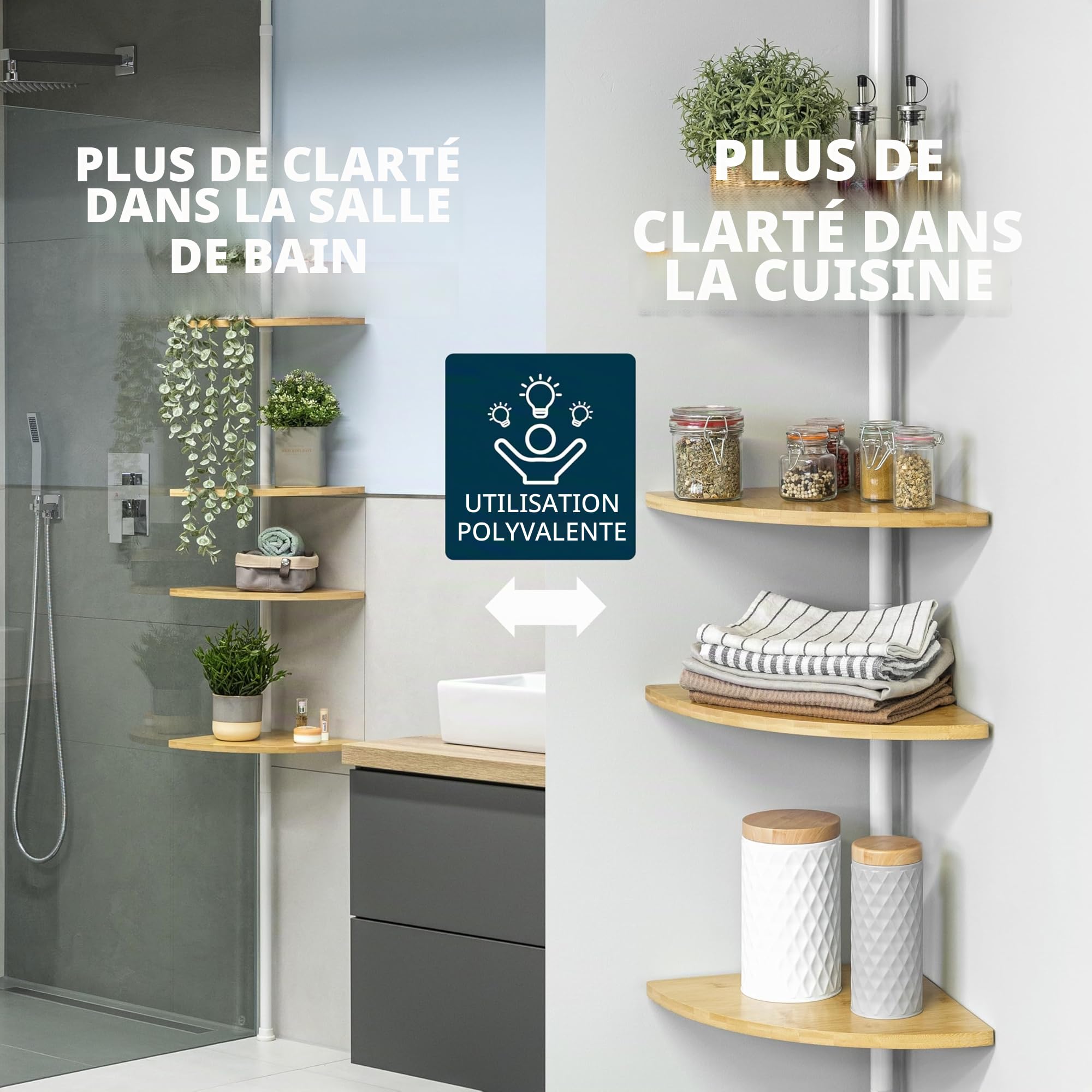 bremermann Étagère d'angle télescopique avec 4 étagères en bambou, rangement polyvalent pour salle de bain, salon, couloir, bureau ou cuisine, hauteur d'installation variable de 140 à 290 cm
