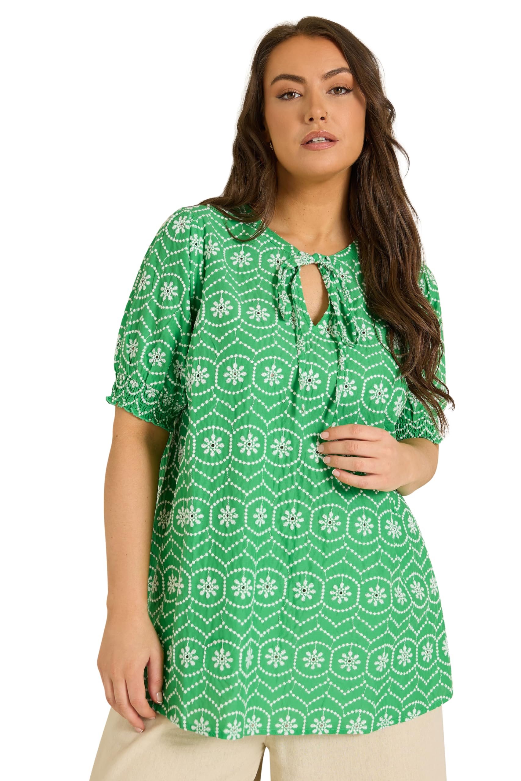 Evans Women's Green Plus Floral Broderie Tie Neck Blouse Size 20