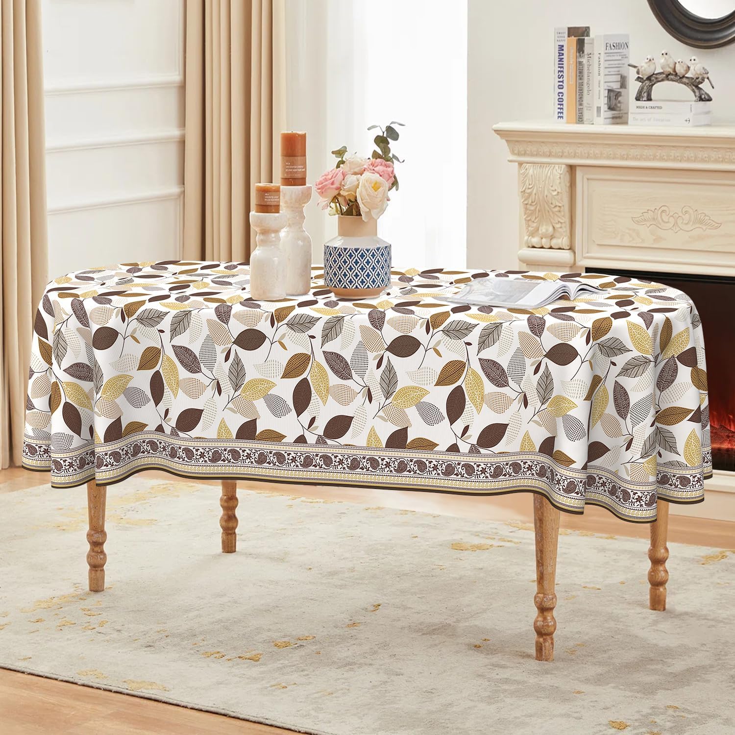 Oval Tablecloth 60 x 102 Inch, Vintage Abstract Leaves Oval Table Cloth, Washable Stain-Resistant Wrinkle-Free Oval Table Cover for Dining Party Banquet