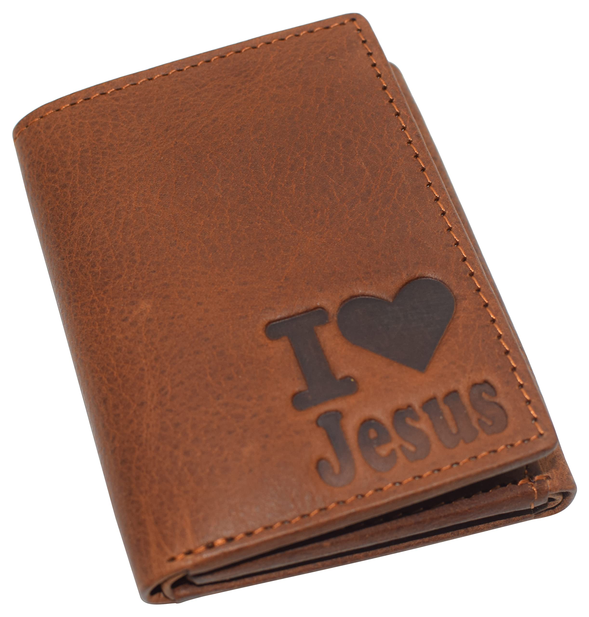 MARSHAL Real Leather Men's RFID Blocking Trifold Wallet with Outside ID Window Logo Gift Wallets for Men (I Love Jesus)