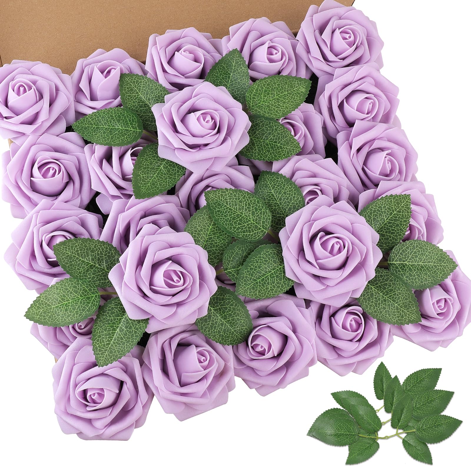 AmyHomie 25pcs Real Looking Artificial Lavender Roses w/Stem for DIY Wedding Bouquets Centerpieces Arrangements Party Baby Shower Valentines Day