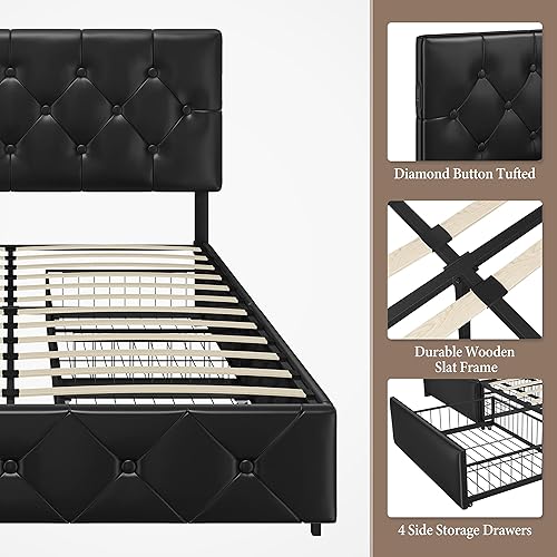 Miniatura 9 de Topeakmart Base de cama de plataforma tapizada tamaño Queen con 4 cajones de almacenamiento, 2 puertos USB integrados, cabecera ajustable, cama de