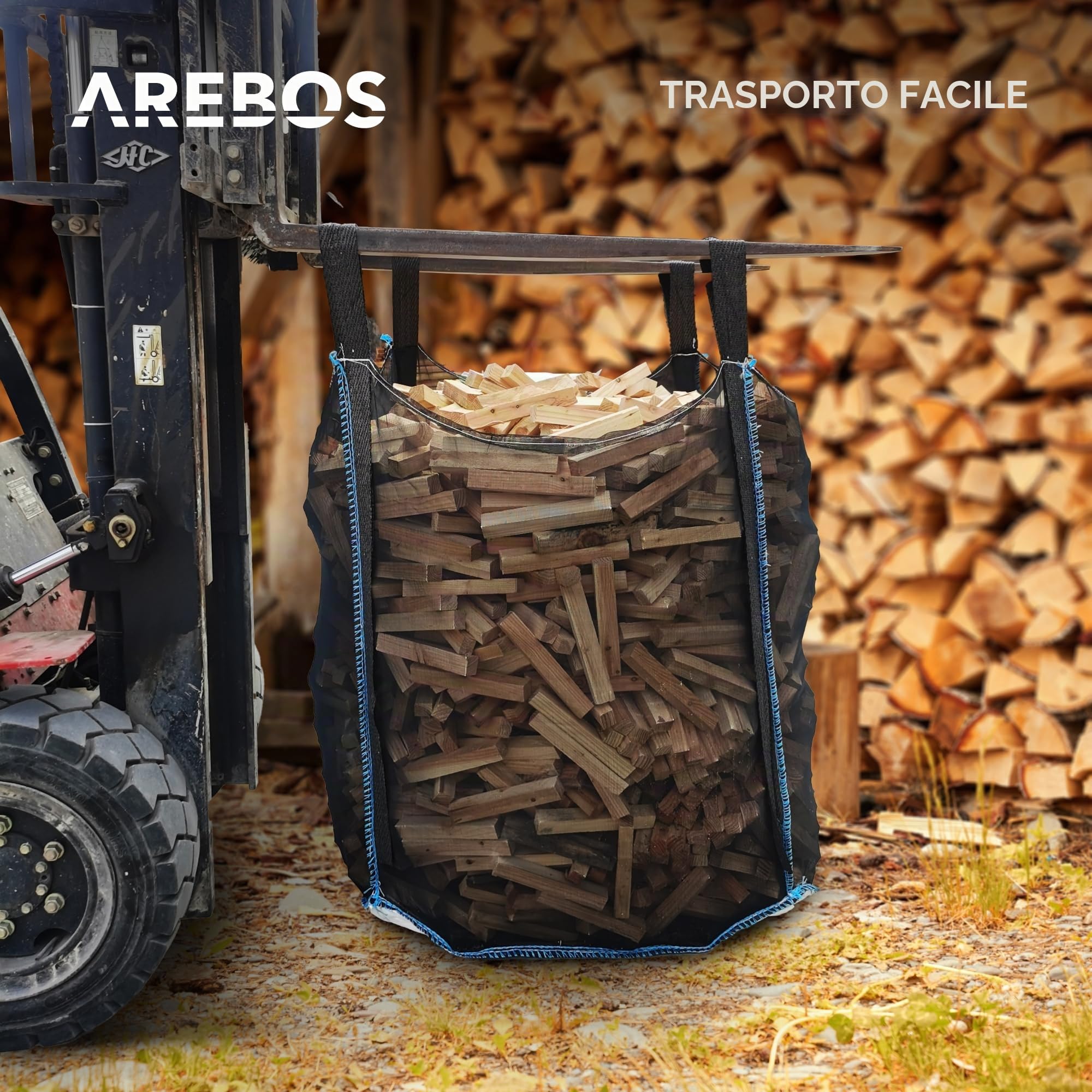 Arebos Sacco di legno Premium | Big Bag 100 x 100 x 120 cm | con 4 passanti e grembiule di riempimento | Portata 1000 kg, SF 5:1, EN ISO 21898 | Sacco per detriti edili, legno, rifiuti da giardino,