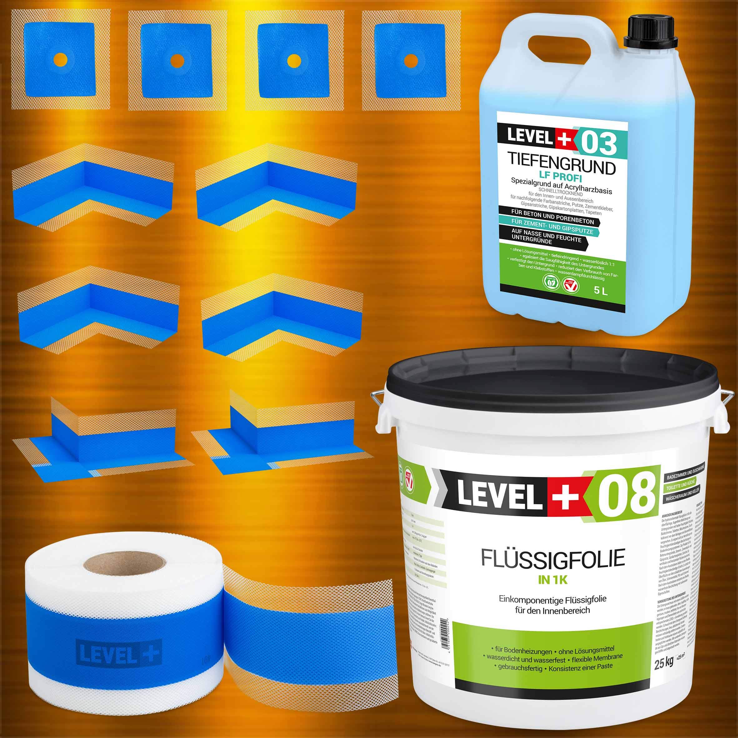 Set completo de sellado de baño 25 kg, lámina líquida, 4 esquinas interiores, 2 esquinas exteriores, 4 manguitos de pared, 20 m de cinta de sellado, fondo de 5 L, ducha SET327