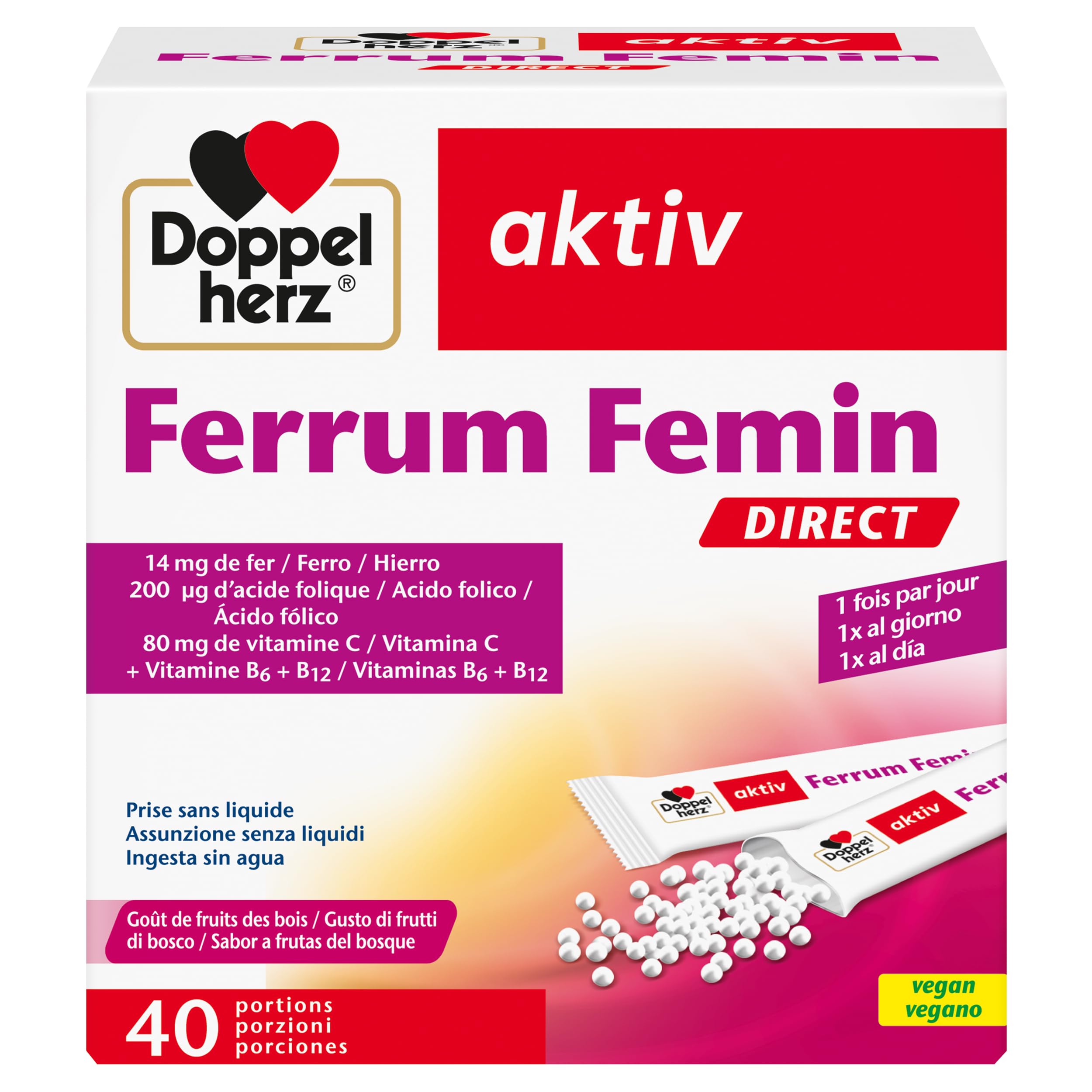 Doppelherz Ferrum - 14 mg de Fer pour Femmes (40 Sachets) - Supplement Vitamine C+B6+B12+Folique pour Formation Normale 