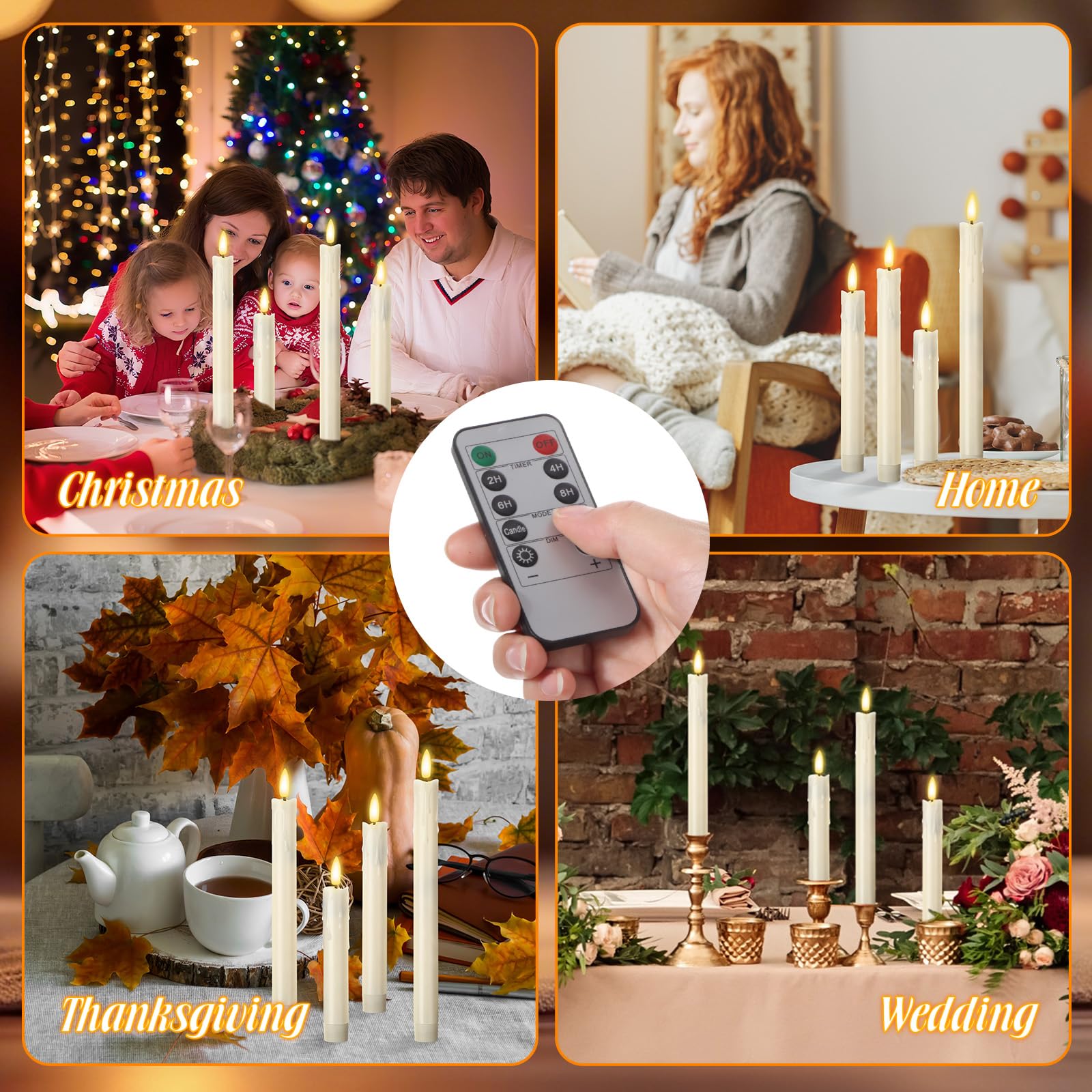 Retisee 12 velas cónicas sin llama con temporizador remoto de 6.5 pulgadas, 7.7 pulgadas, 8.9 pulgadas, 10 pulgadas, LED cónico, funciona con pilas, velas parpadeantes para cena de boda de Navidad