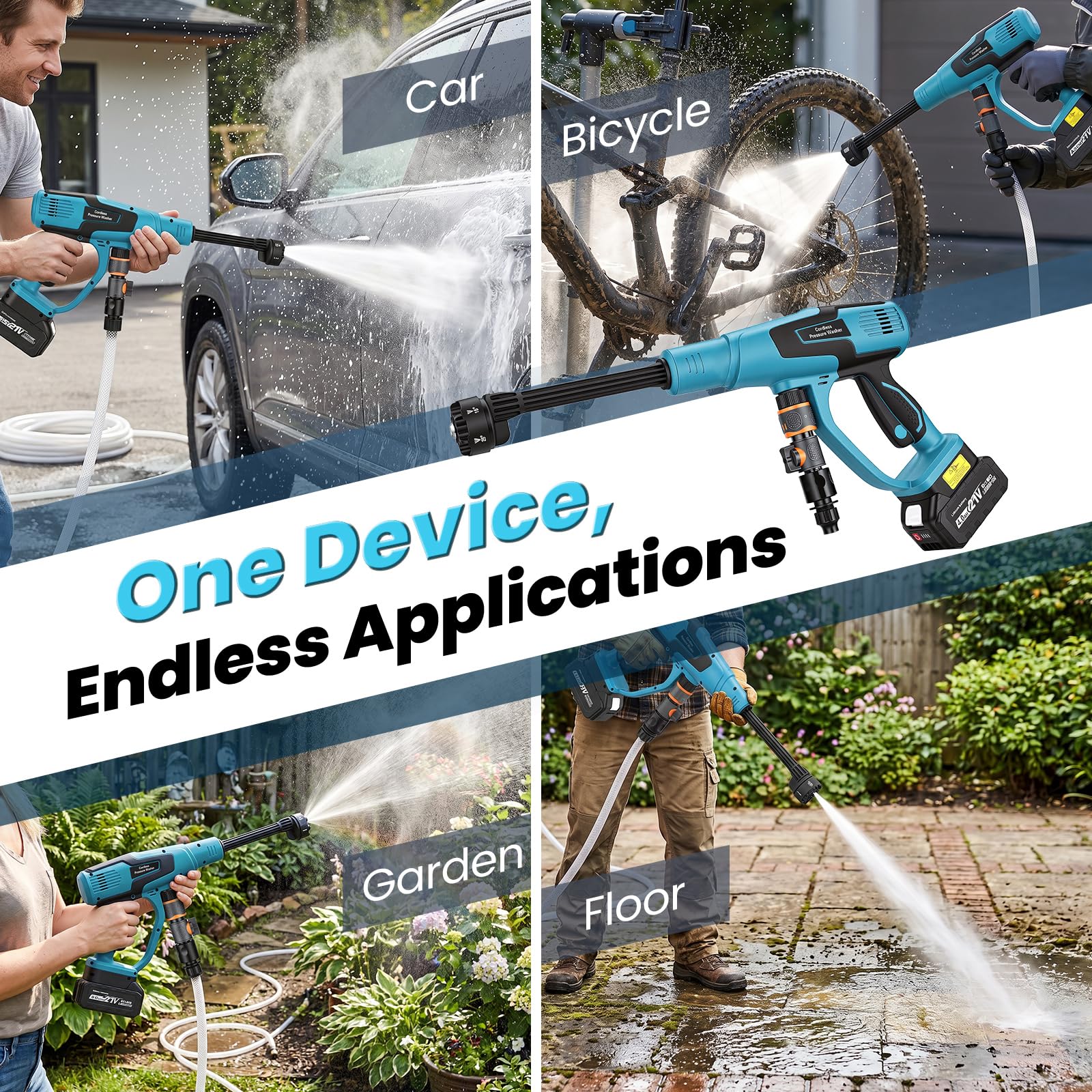Yofuly Hidrolimpiadora a Batería Compatible con Baterías Makita 18V, Motor Brushless, 330 L/h, 3 Velocidades, con 2 Baterías 4,0Ah, Manguera de 5 m, Boquilla 6 en 1 para Coche y Jardín