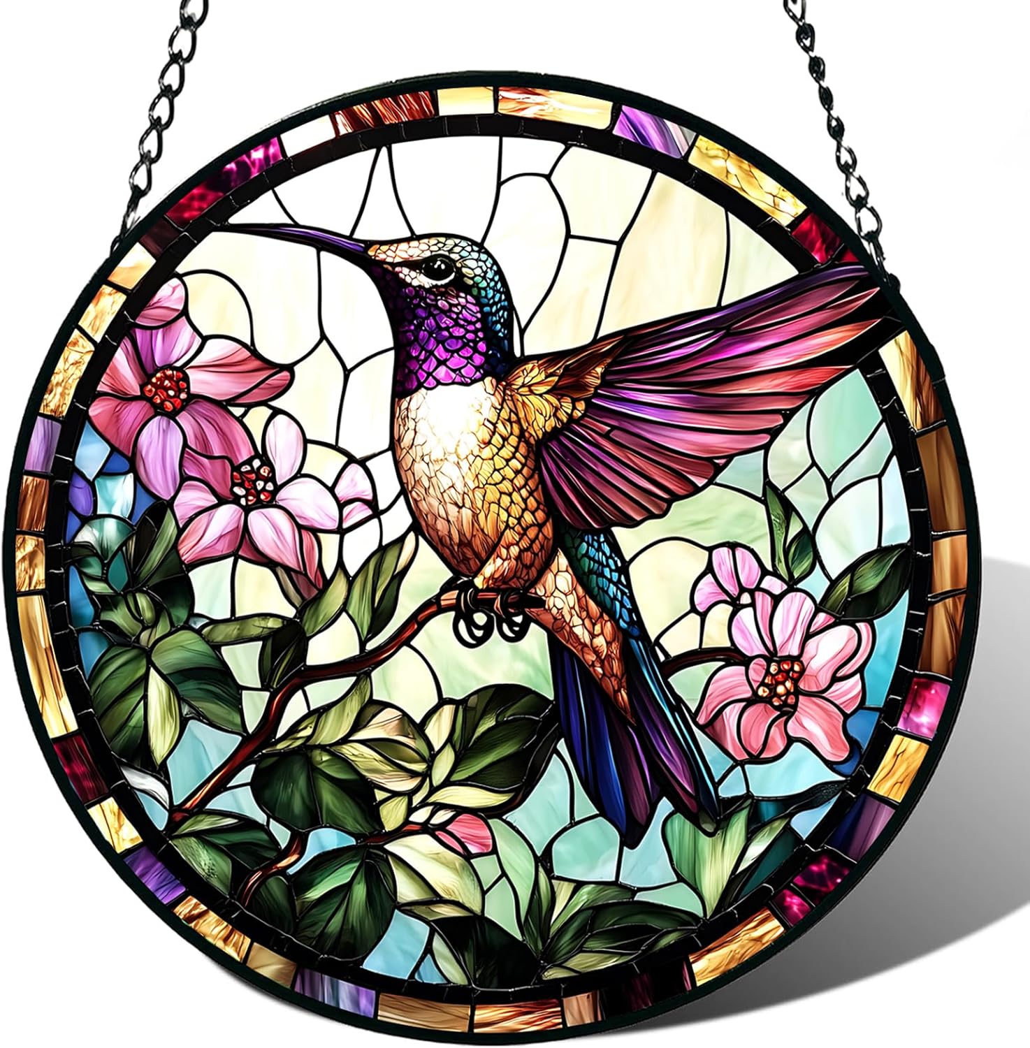 Stained Glass Window Hanging, Hummingbird Suncatcher for Door Home Decor, Birds Flowers Sun Catcher Ornament Mother's Day Birthday Gifts for Bird Lovers Women Men Mom 6.3 in