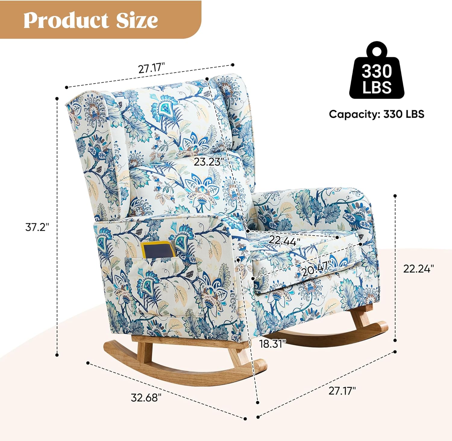 Nursery Rocking Chairs, Rocking Chair Nursery for Mom Nursery Rocker with High Backrest and Solid Wood Legs, Modern Wingback Accent Chair for Reading Living Room Bedroom, Blue Floral