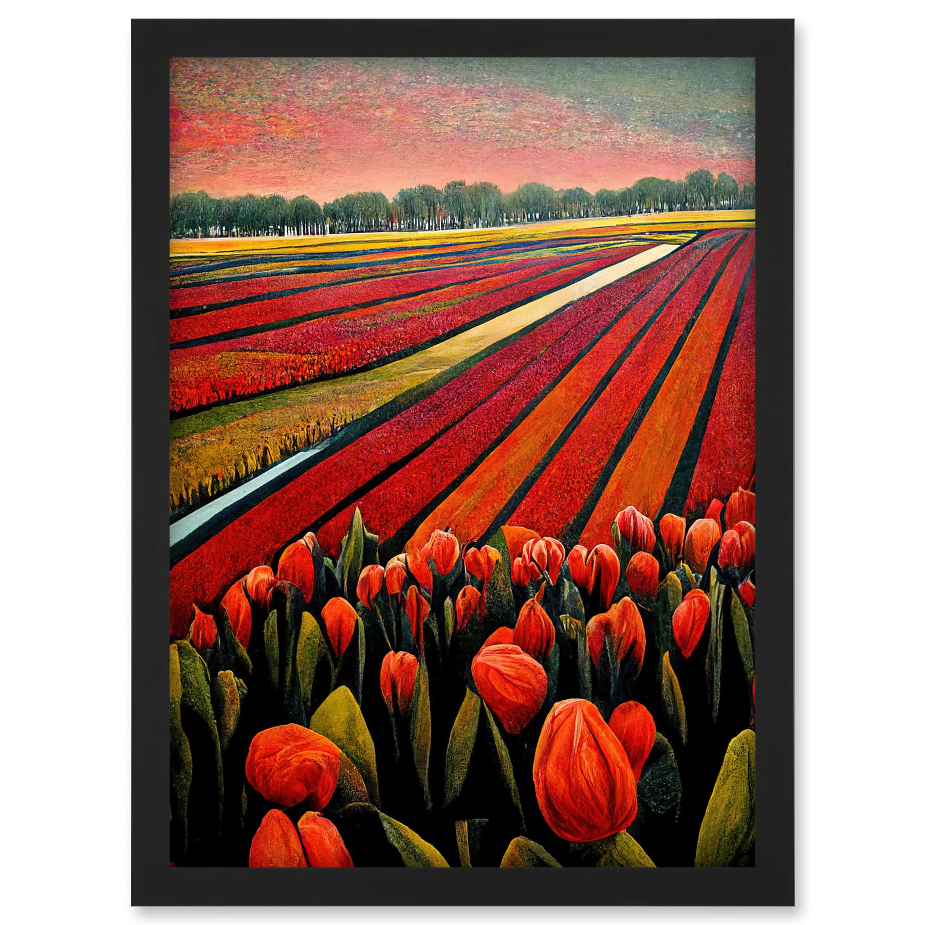 Doppelganger33 LTD Red Tulip Fields Of Holland Netherlands Modern Oil Artwork Framed A3 Wall Art Print