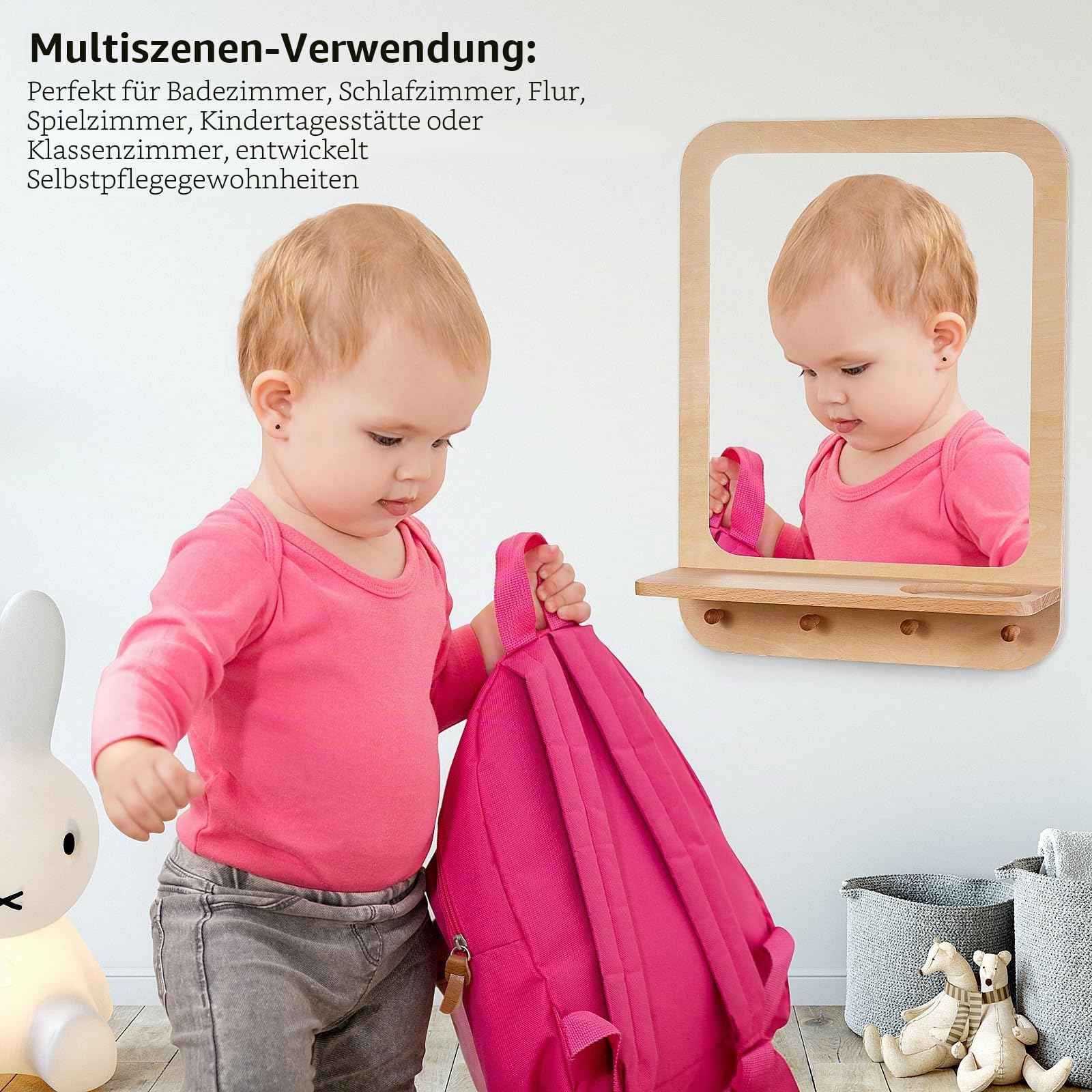Wandspiegel aus Holz und Acryl für Kinder mit Haken und Regal, bruchsicherer Eingangsbereich, Acryl-Wandspiegel, unzerbrechlicher Holzrahmen, Kleinkindspiegel für Zuhause, Spielzimmer,