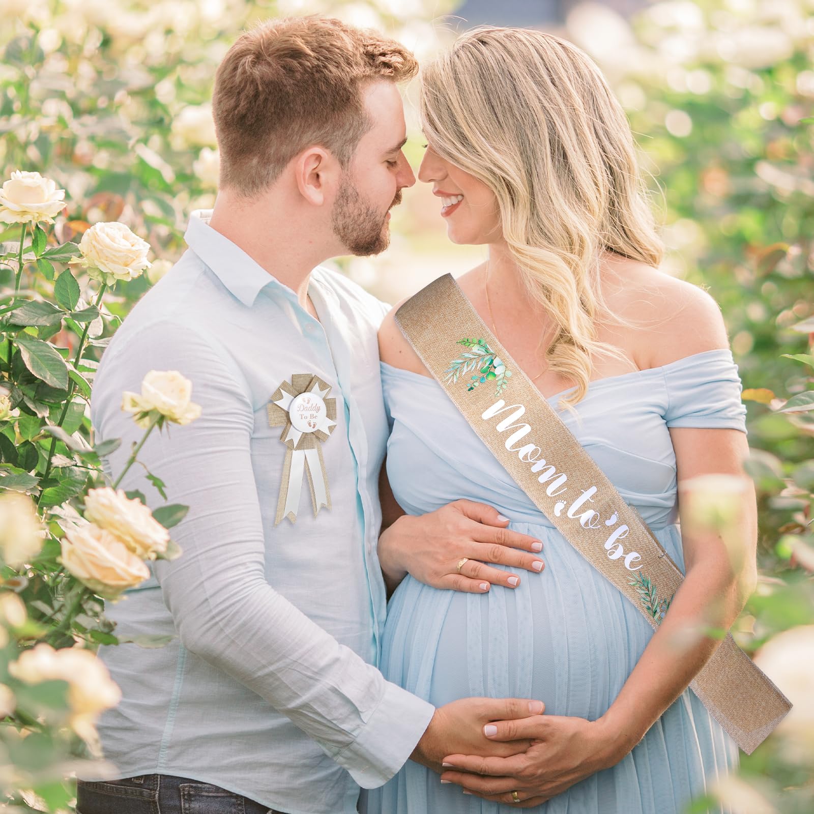 Pościel 'Mom to Be' szarfa zestaw baby shower dekoracje jutowe mama to be szarfa tata to be pin baby shower szarfa dla ciężarnej mamy prezent dekoracje imprezowe