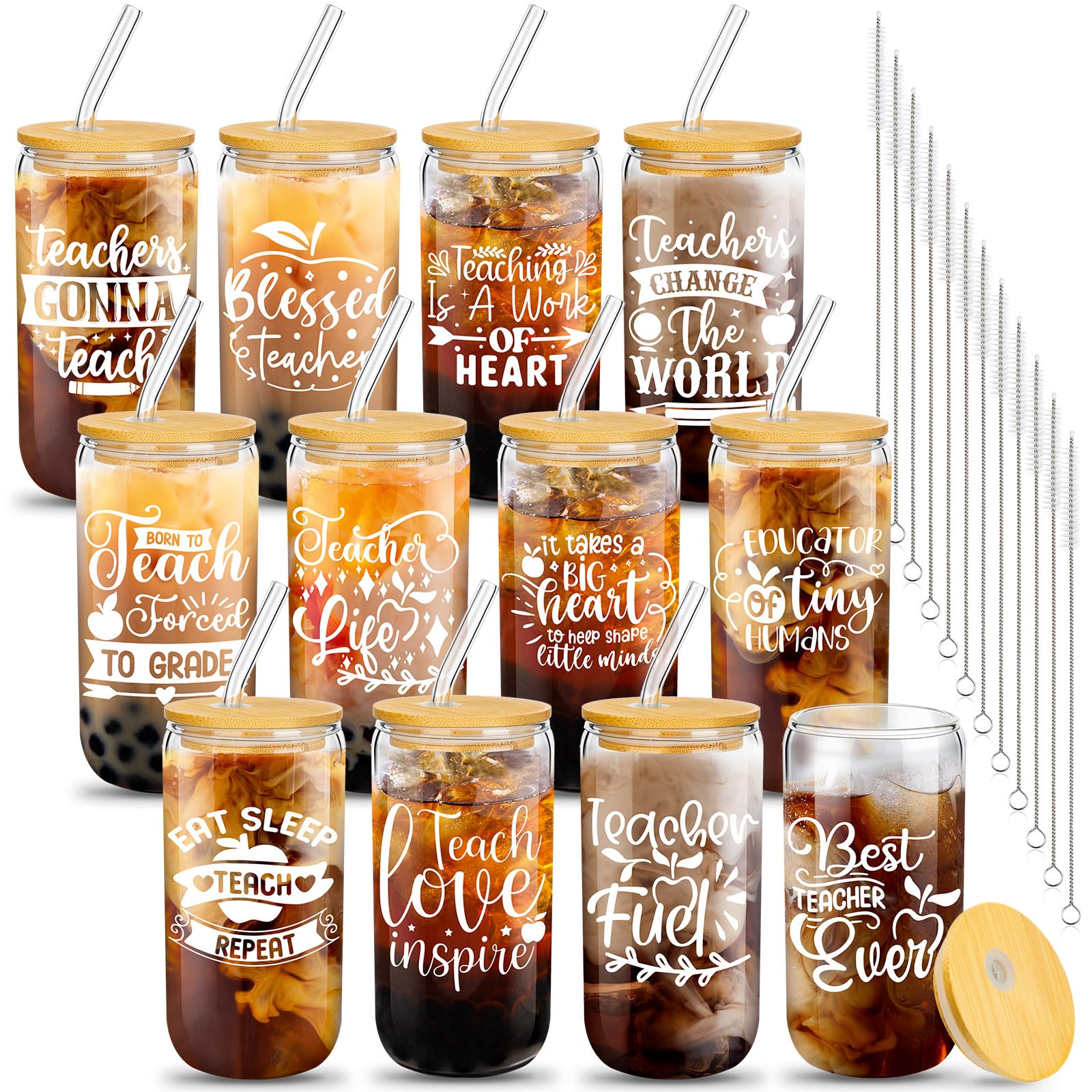 Pinkunn 12 Set Teacher Appreciation Gifts Teacher Glass Cups 16oz Can Shaped Beer Glass with Lids Straws Brushes, Teacher Thank You Gifts Funny for Birthday New Teachers(Classic)