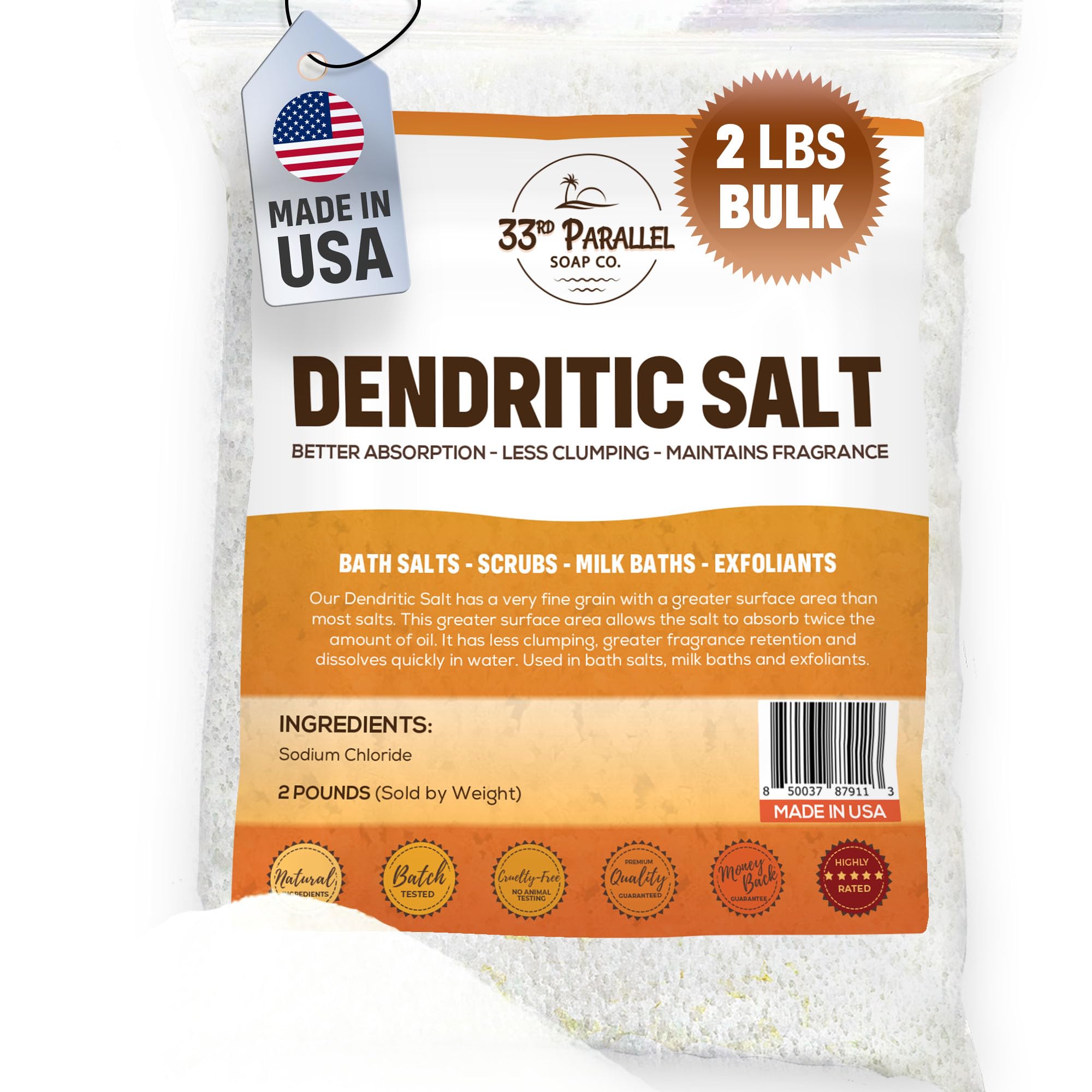 DENDRITIC Salt (2 lbs / 32 oz) Premium Fine Grain for Bath Salts, Scrubs, Exfoliants, Milk Baths & More | Sizes 1 to 5 LBS | (2 Pound)
