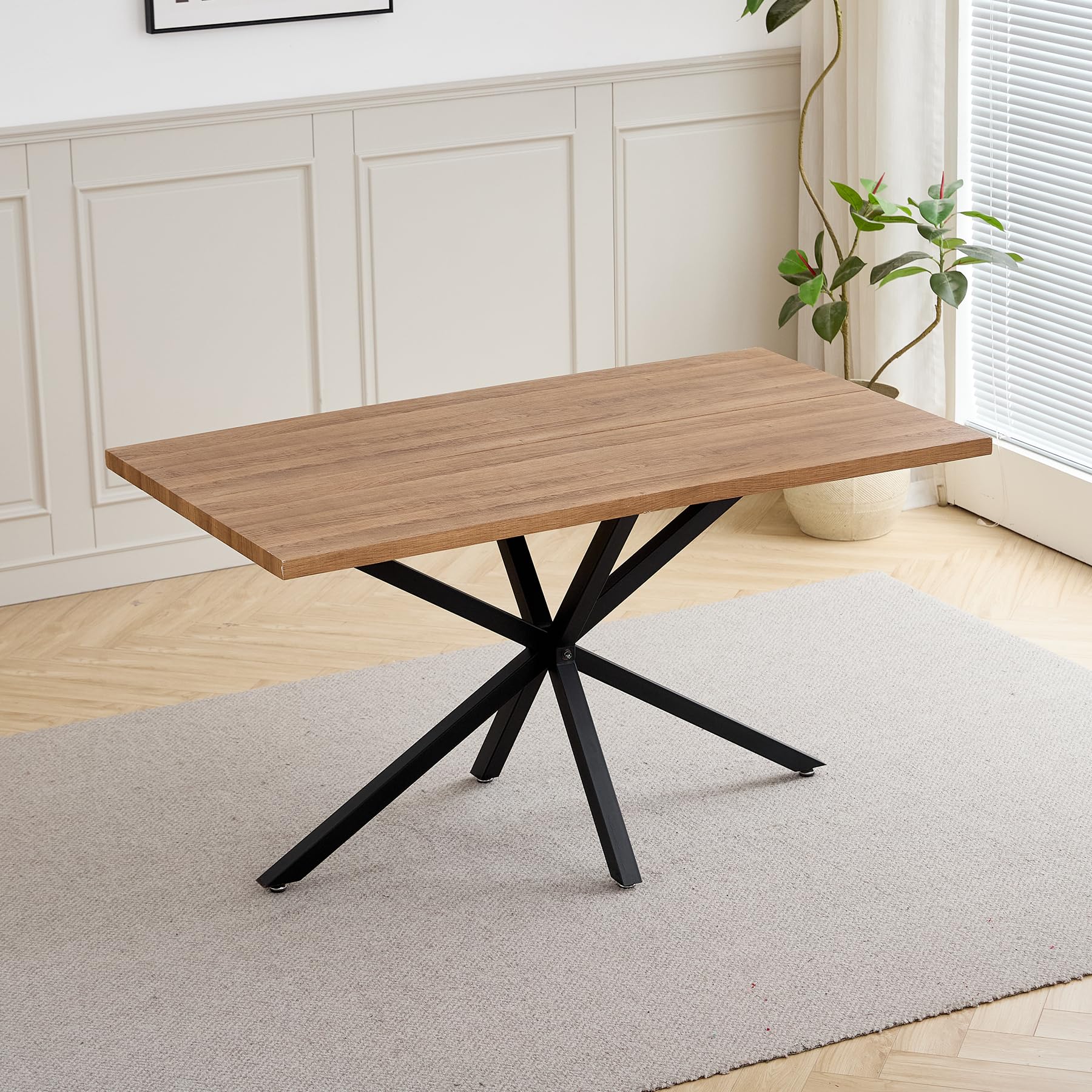 Essgruppe Set Tisch und Stühle, Rechteckiger Esstisch (140 cm) mit 4 Esszimmerstühlen aus Leinenstoff und Griff für Küche, Esszimmer (Dunkles Holzdekor+4*stühle (Schwarz))