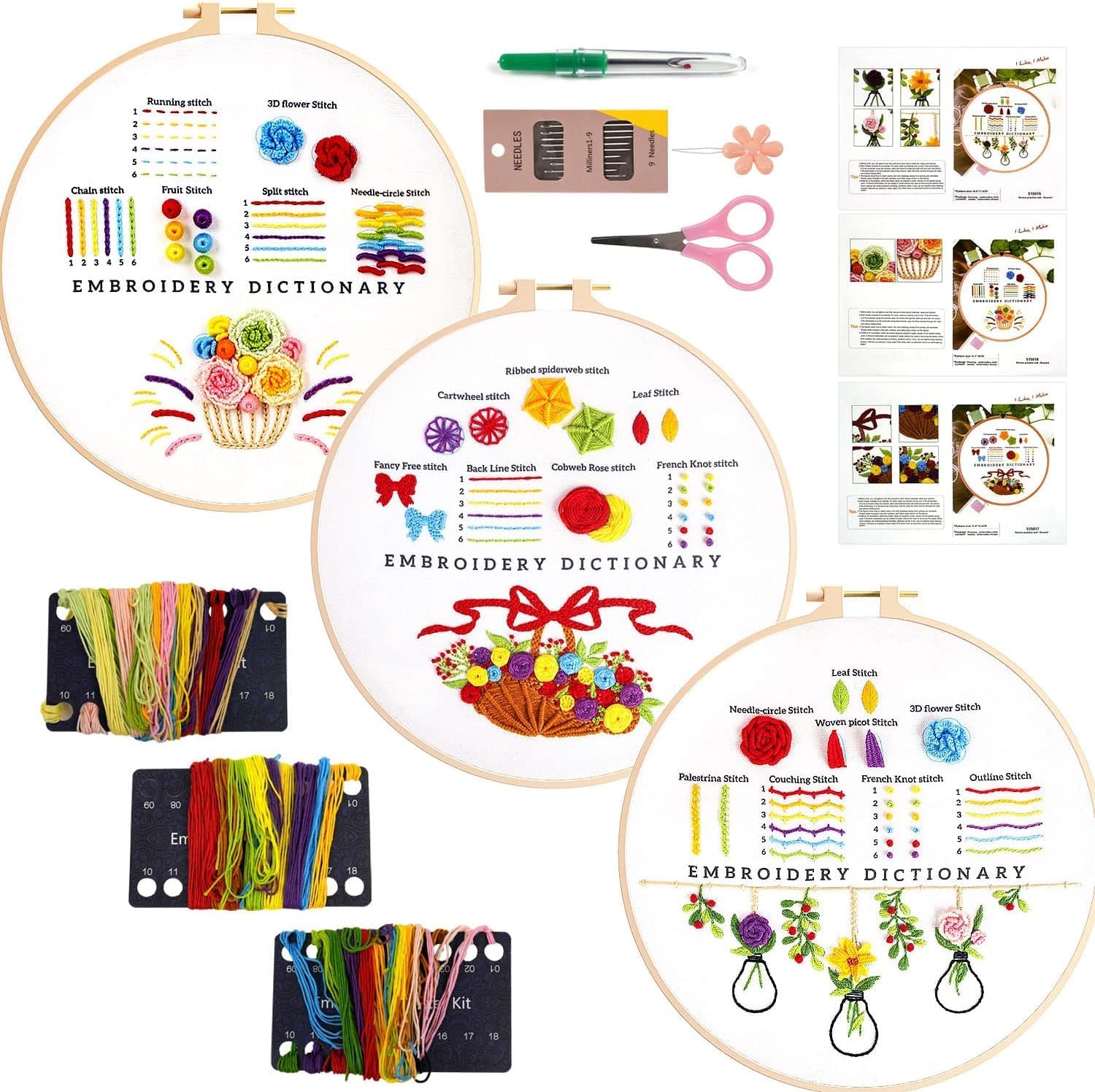 Embroidery Stitch Practice Kit, 3 Pack Embroidery Kit for Beginners with Flowers Plants Pattern Embroidery Starter Kit with Instructions Embroidery Hoop Threads and Tools for Adults Kids