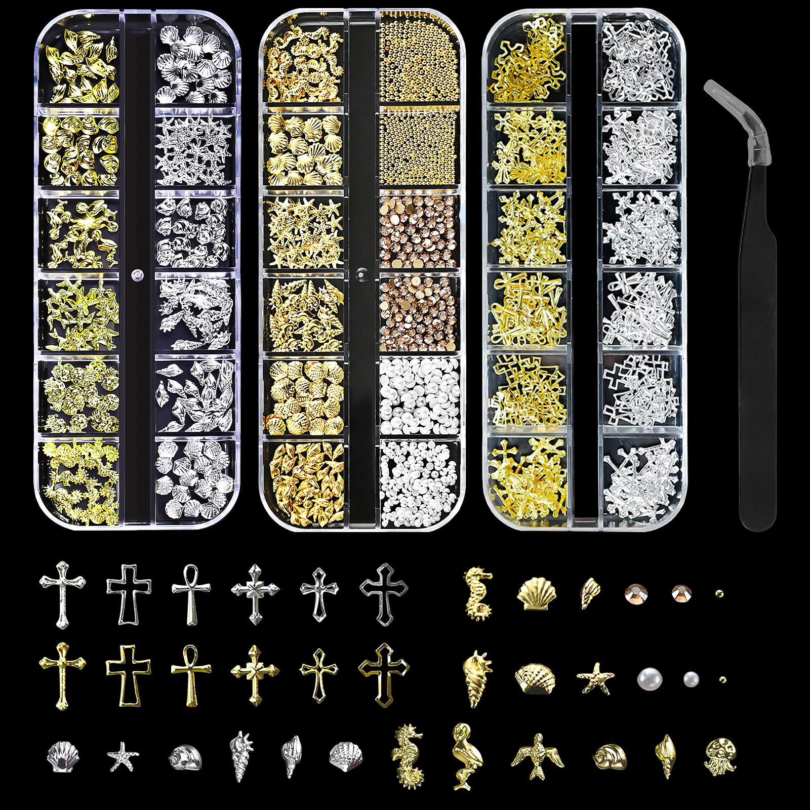 3 Schachteln Nail Charms, 36 Typen Charms Nägel, Gold Silber Ozeannieten Nagelschmuck Strand, Ozean Thema Nagel Steinie, Nails Art Charms für Frauen Nageldesign Zubehör