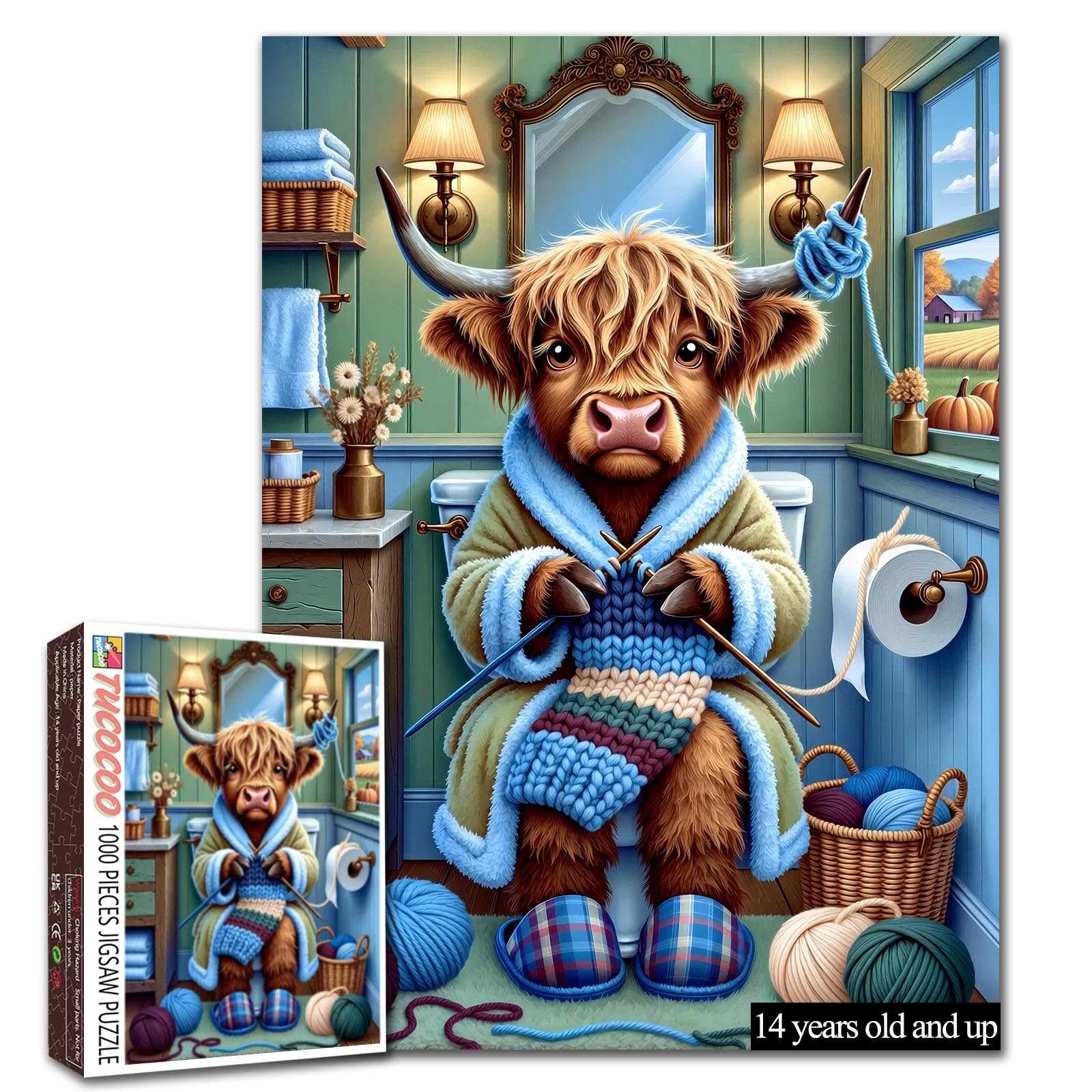 Highland Cow on Toilet Knitting Puzzle Bathroom Humour Puzzles for Adults