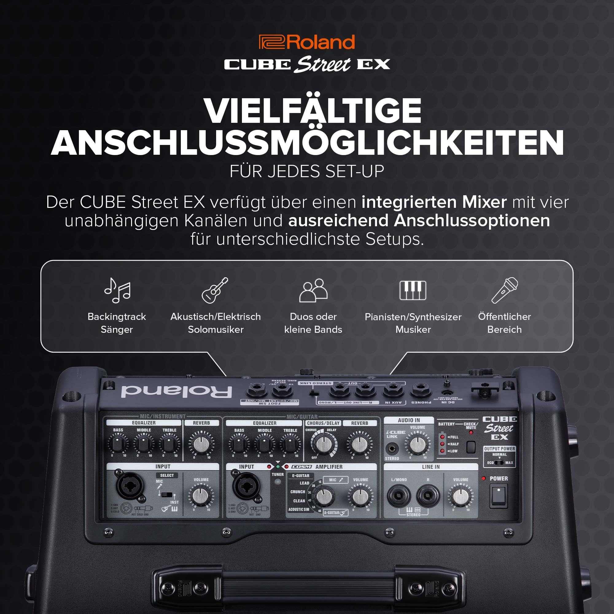Roland Cube Street EX | Batteriebetriebener 50W Stereoverstärker | Transparenter, dynamischer Sound | Ideal für Outdoor-Performances | Anschluss von Mikrofonen, Instrumenten & Audiogeräten