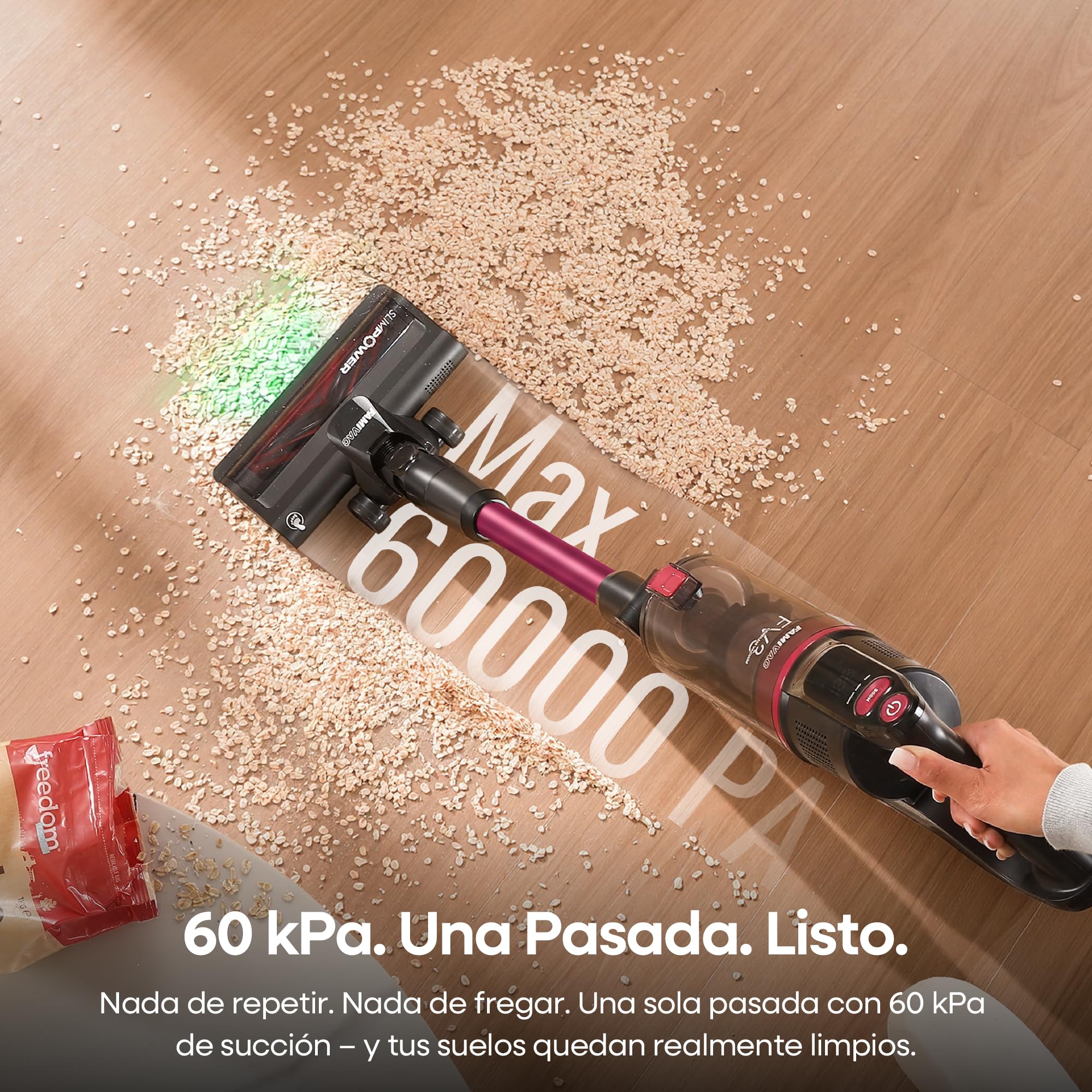 FAMIVAC FV3 Aspiradora sin Cable 60KPa/50Min/120㎡, Barra Plegable, Autoportante con Cepillo Antienredo y Luz Verde, Ligero de 1.5KG, Aspiradora de Mano para Suelos/Alfombras/Pelos/Coche