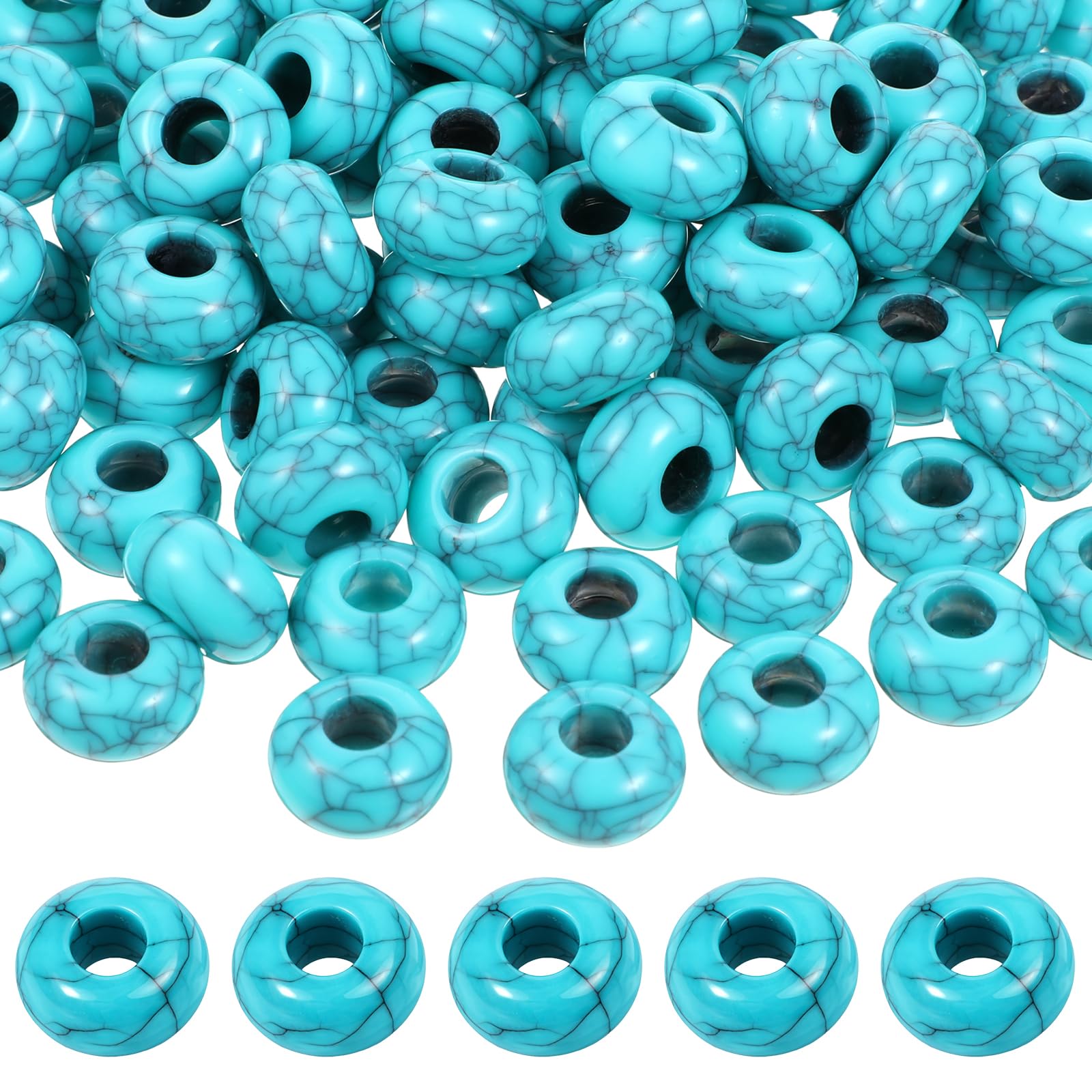 100 Pcs Turquoise Beads for Jewelry Making, 14mm Exquisite Turquoise Big Hole Bead Rounded Large Holes Beads for Crafts Jewelry Making Bracelets Pens(5mm Hole)