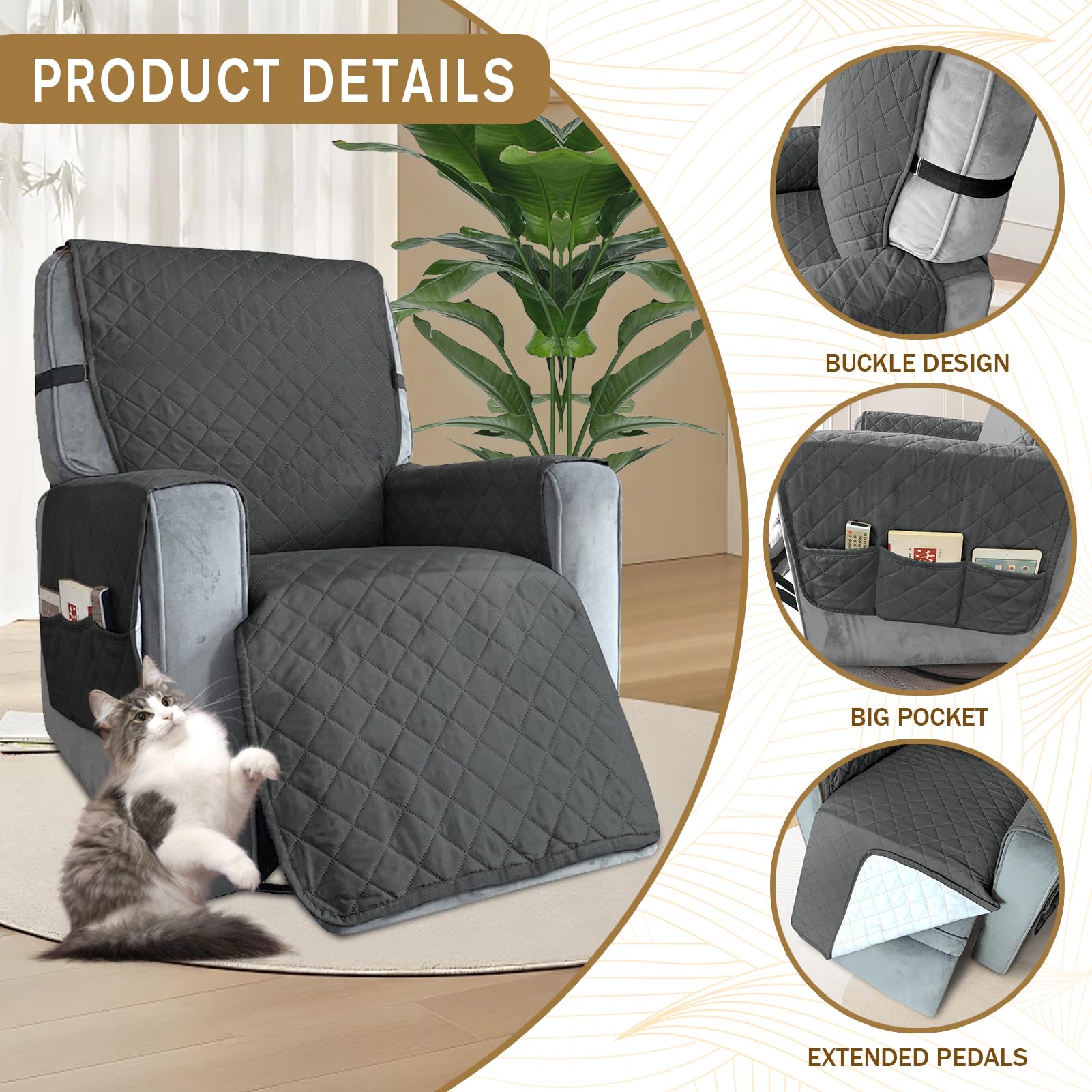BXFUL Waterproof Recliner Chair Cover with Pockets, Elastic Strap - Image 3