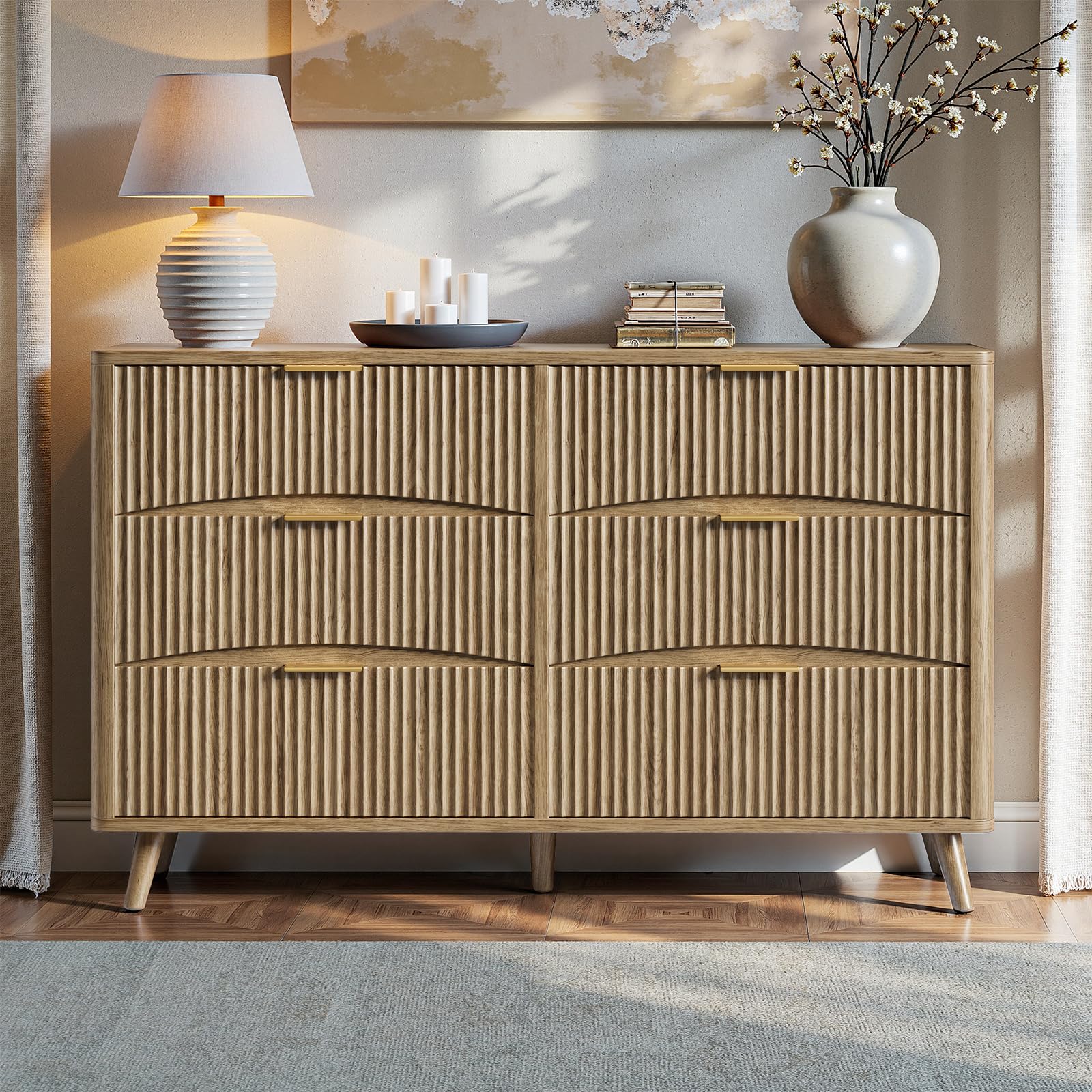 Evermagin 54" Curved Fluted 6-Drawer Dresser, Mid-Century Modern Natural