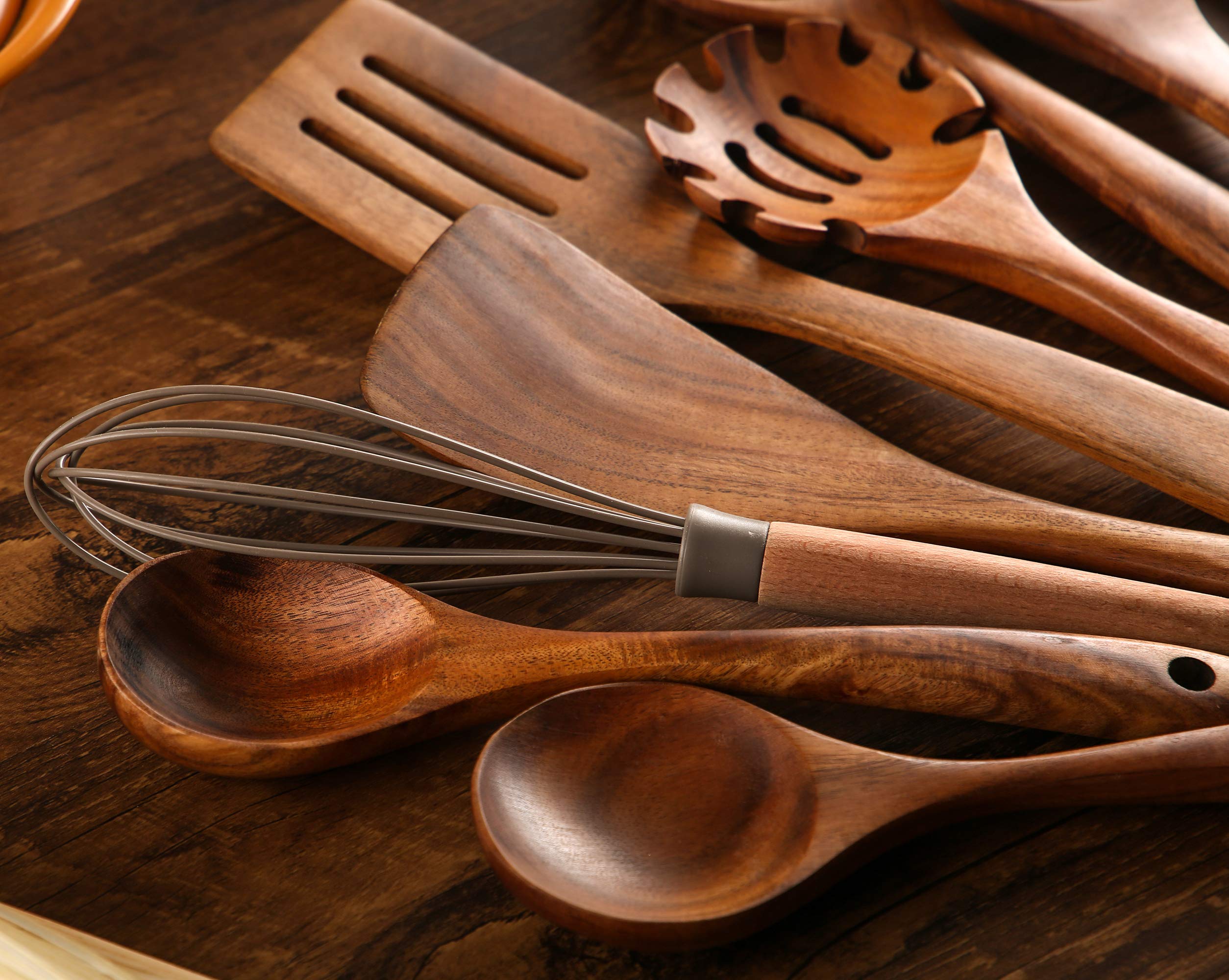 Holzutensilien zum Kochen, 10 Stück, Teakholz Kochlöffel und Spatel zum Kochen, inklusive Löffel, Schöpflöffel, Gabel (10)