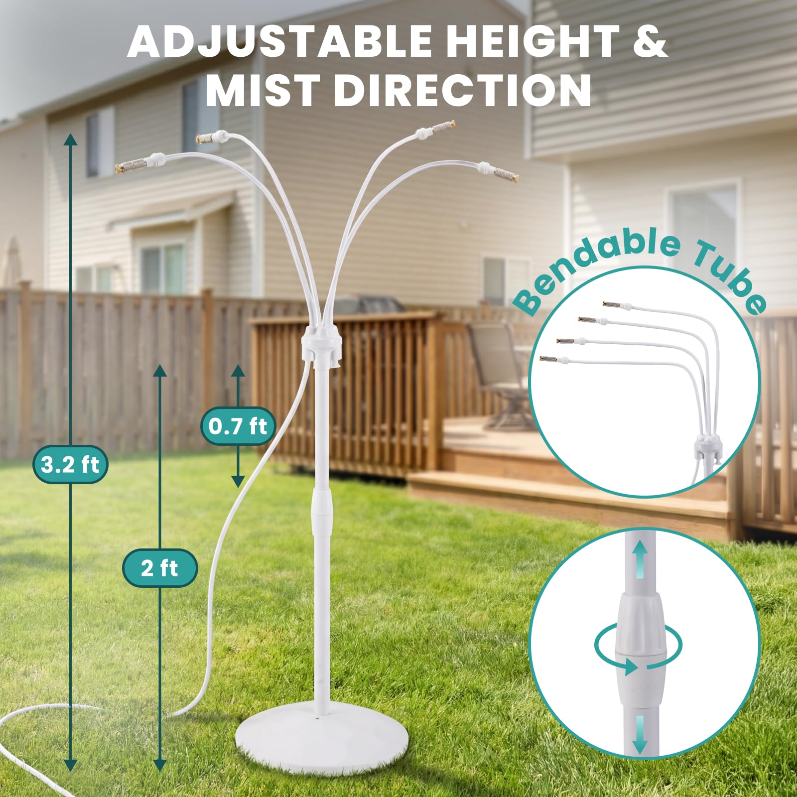 HIRALIY Brumisateur Extérieur sur Pied, Base à Remplir Réglable 60-97cm, Système de Refroidissement pour Terrasse Jardin Piscine Animaux, Tuyau 8m, Blanc