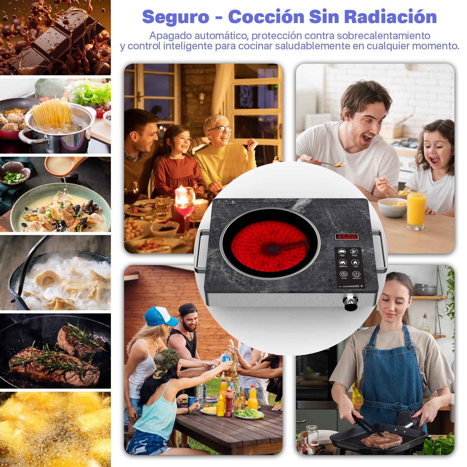 Placa Vitrocerámica Infrarroja 3500W | Cocina Eléctrica con Vidrio Microcristalino | Compatible con Todo Tipo de Sartenes | Funciones de Seguridad Integradas | Diseño Premium en Mármol