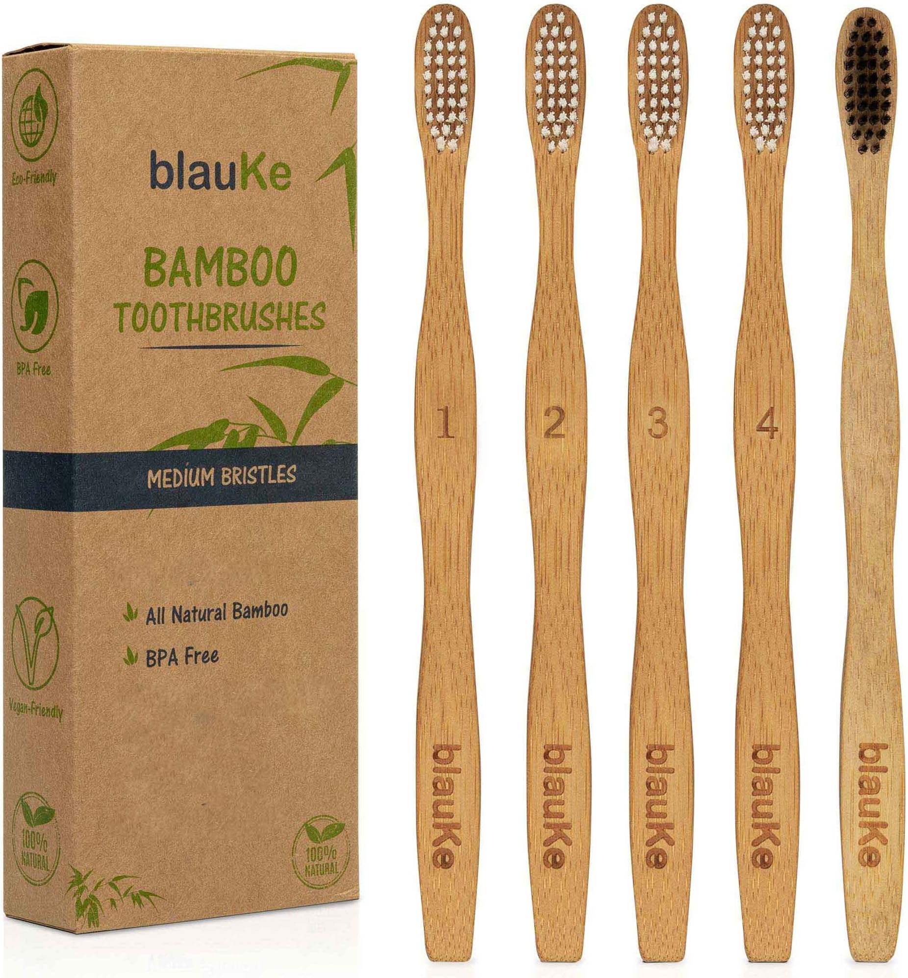 Bamboo Toothbrushes Medium Bristles 5-Pack – 4 White Wooden Toothbrushes, 1 Black Charcoal Toothbrush – Biodegradable Natural Eco Friendly
