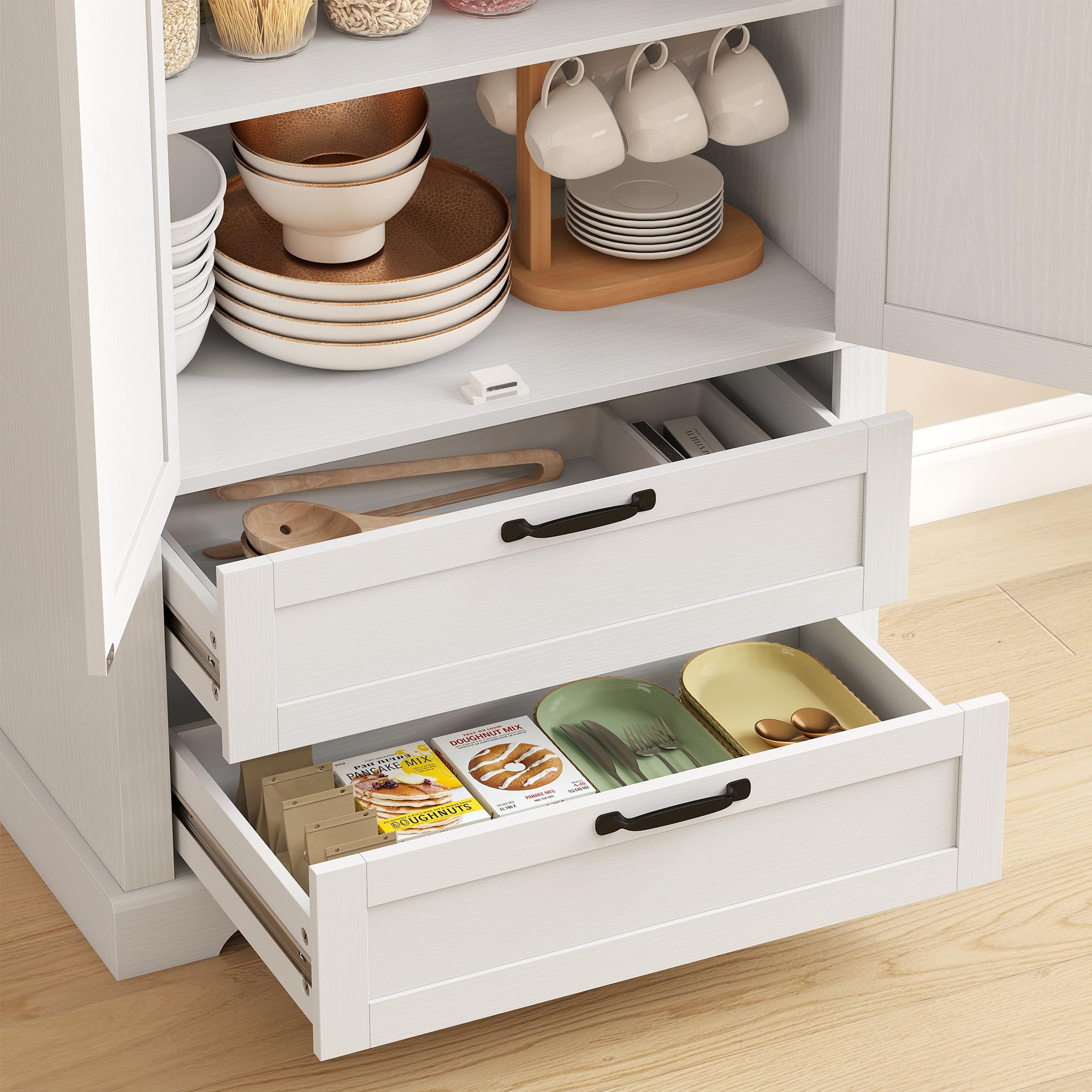 HOMCOM Buffet Haut Cuisine Vaisselier 2 Portes, 76 x 40 x 180 cm Blanc | Armoire de Rangement, 2 Tiroirs Silencieux, Étagères Réglables, Meuble de Rangement Rustique, Salon, Salle à Manger