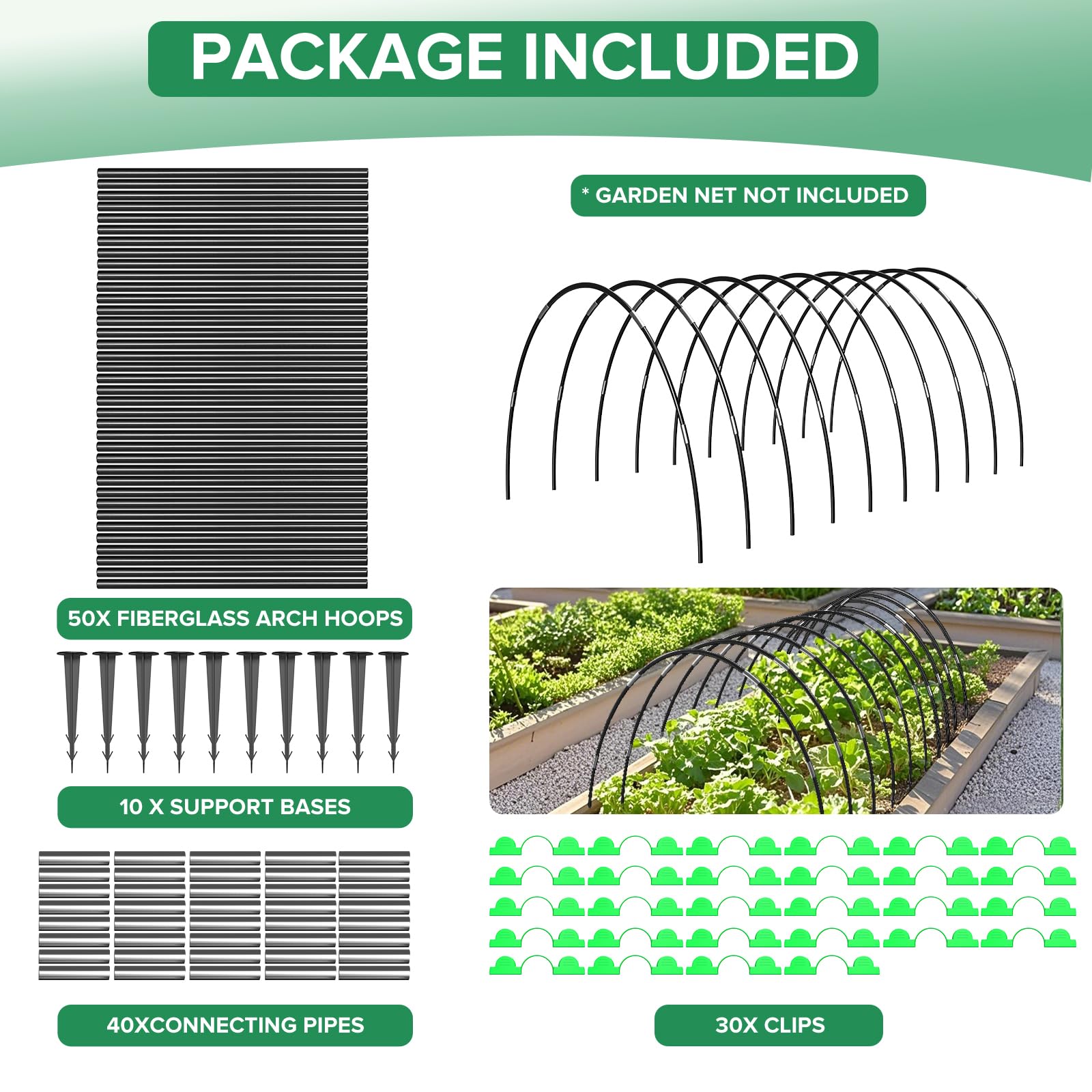 50 Pièces Arceau pour Serre Tunnel, 41CM Support d’arceaux de Jardin Ajustable en Fibre de Verre Antirouille, Pépinière de Légumes avec Arceau de Jardin Arceaux de Jardin, Jardin pour Filet
