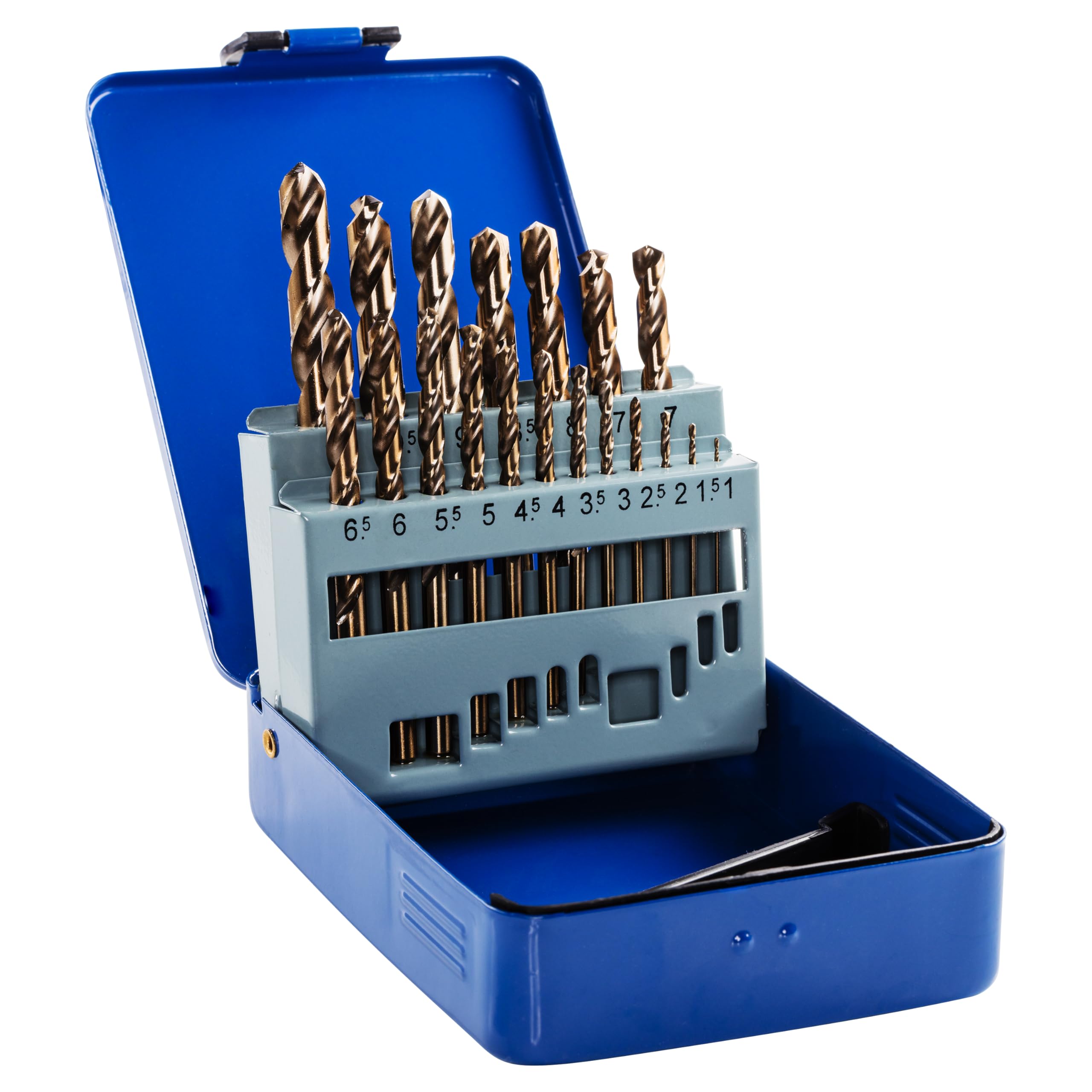 Rennie Tool Company Set di 19 punte per trapano HSS al cobalto con custodia in metallo, per acciaio inossidabile, alluminio, metalli duri, ghisa, plastica e legno